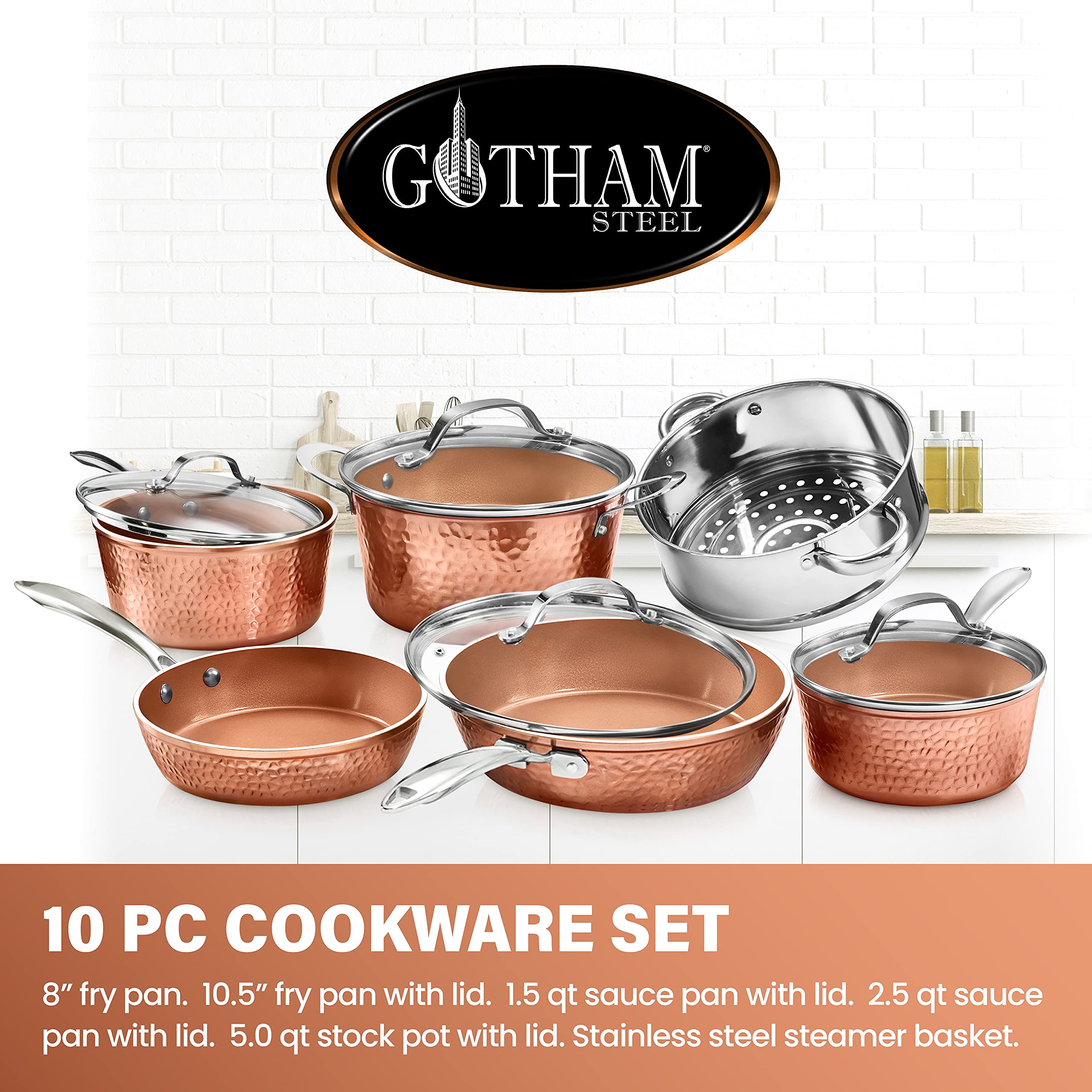 Gotham Steel Hammered Copper 15-Piece Premium Cookware & Bakeware Set with 10-Piece Ceramic Pots and Pans - Nonstick Kitchen Essentials for Baking, Frying & Cooking - Perfect for Home Chefs & Professional Kitchens