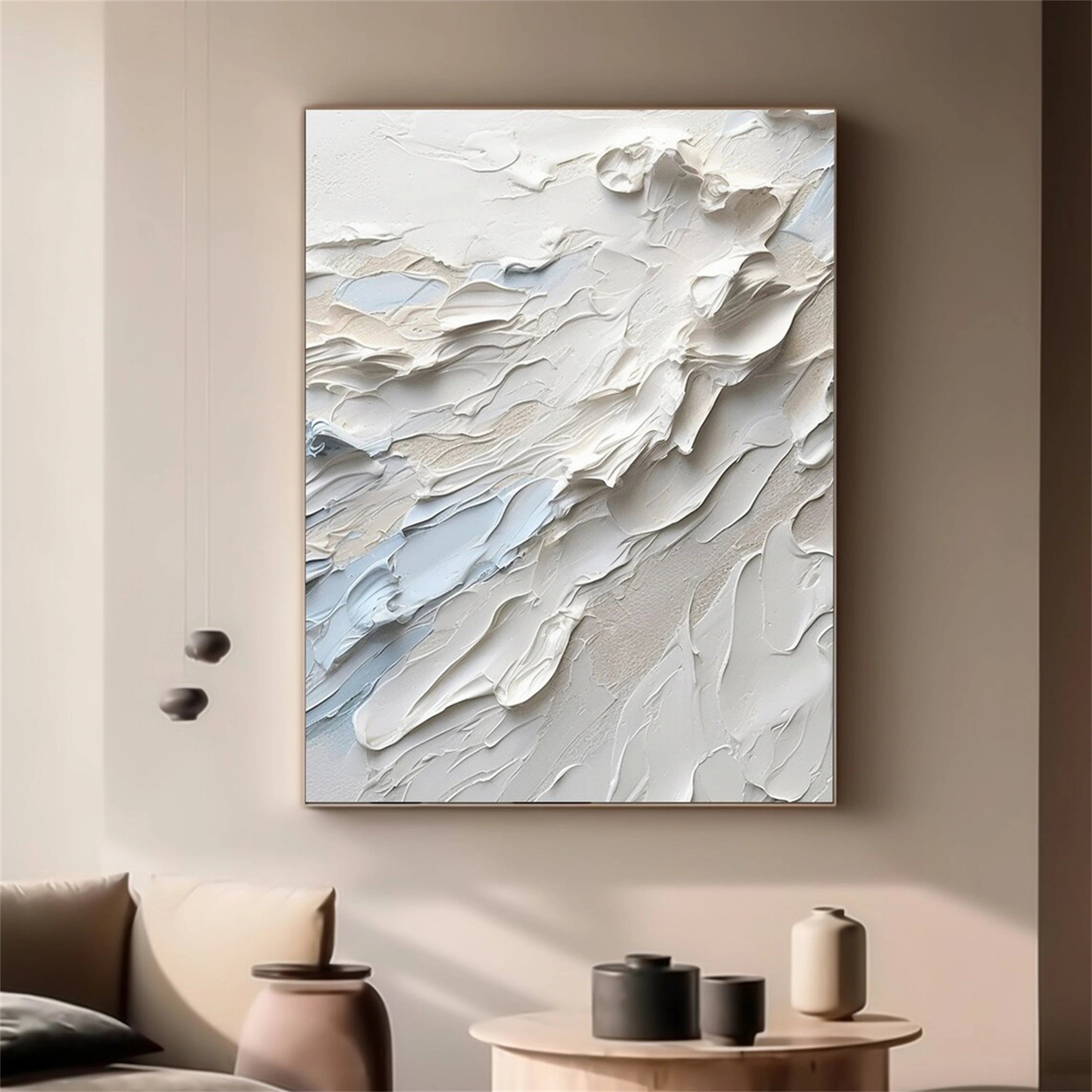 White Minimalist Textured Painting Canvas - Modern Abstract Wall Art for Living Room & Bedroom Decor #MM154 | Premium Stretched Canvas for Home & Office