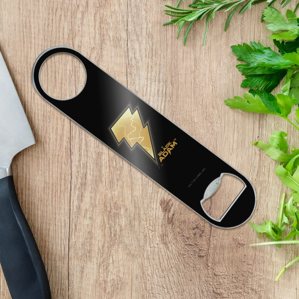 Black Adam Lightning Logo Stainless Steel Bartender Bottle Opener - Vinyl Covered Flat Speed Bar for Home Bars, Parties & Bartending Accessories