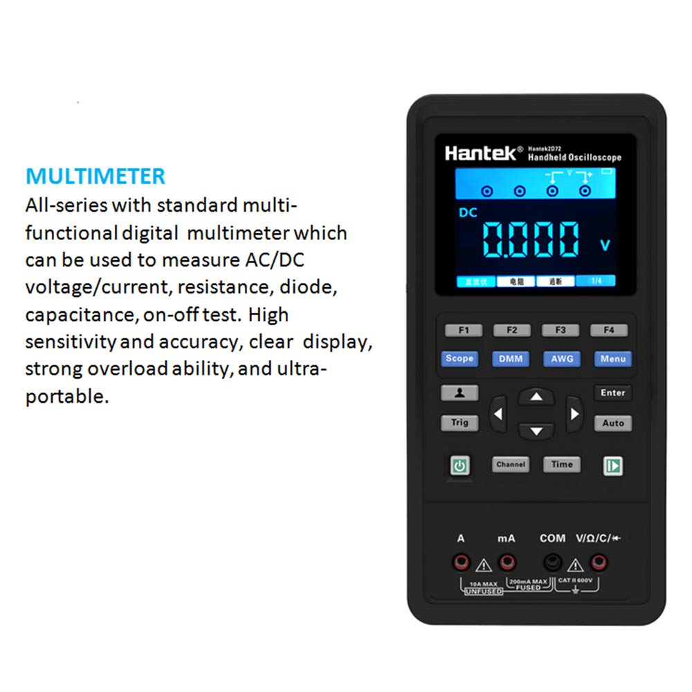 Hantek 2D72 3-in-1 Digital Oscilloscope, Waveform Generator & Multimeter - 70MHz 2-Channel, 250MSa/s, USB Portable Multifunction Tester for Electronics Repair, Circuit Testing & Engineering Labs