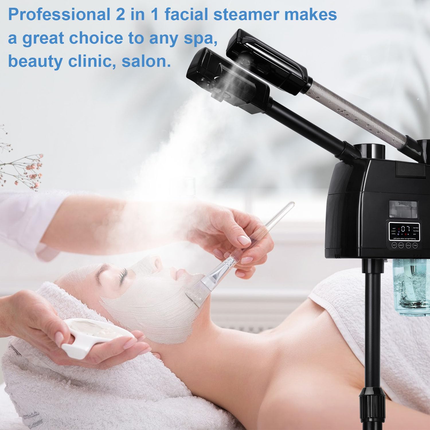 Professional 2-in-1 Facial Steamer with Hot & Cold Nozzle - Digital Face Steamer for Estheticians & Home Beauty Salon Spa - Perfect for Deep Cleansing, Blackhead Removal & Skin Hydration