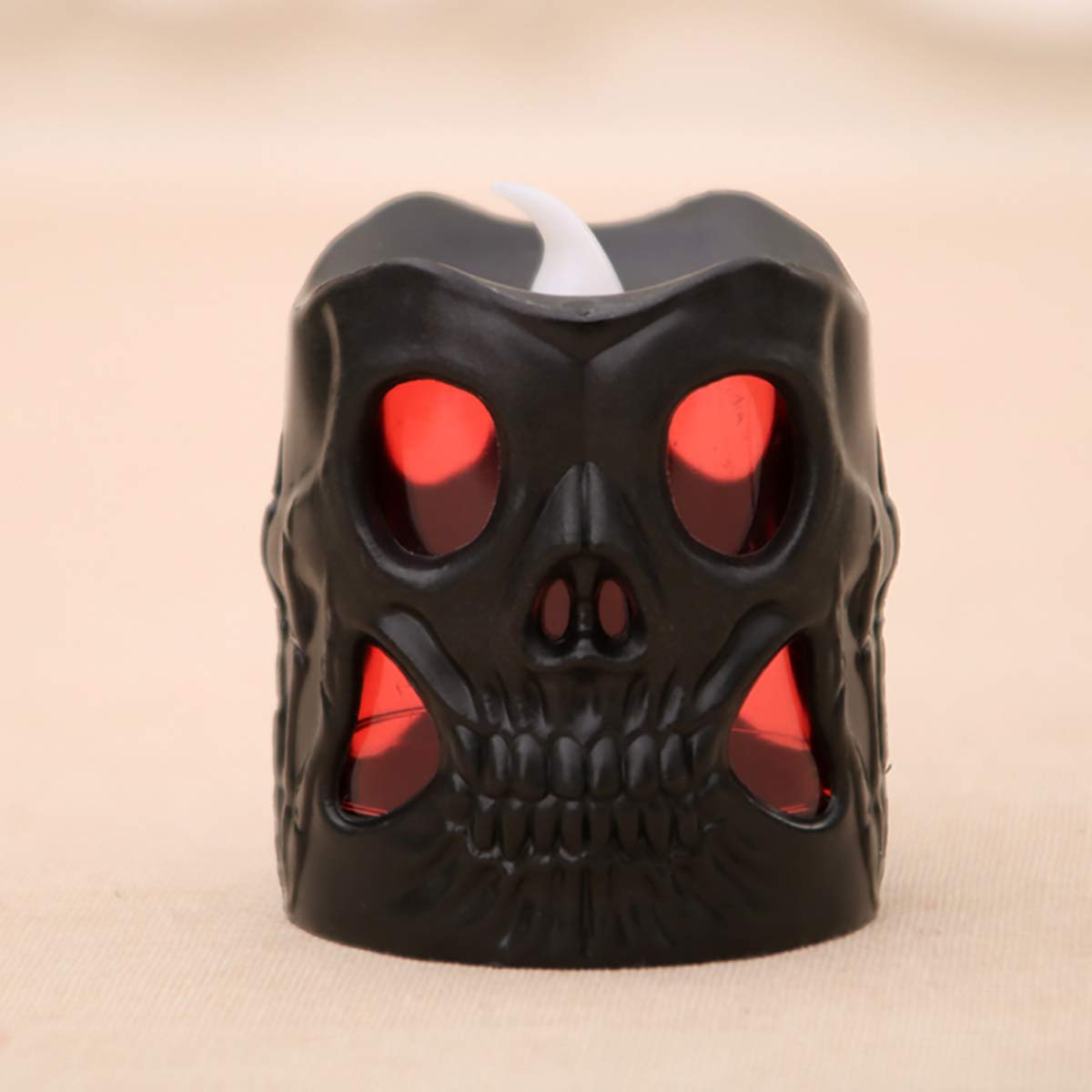 LED Skull Candle Lights - Flickering Colorful Battery Operated Tea Lights for Halloween Party Decorations, Home Bar & Festival Room Ambiance (Black-Red)