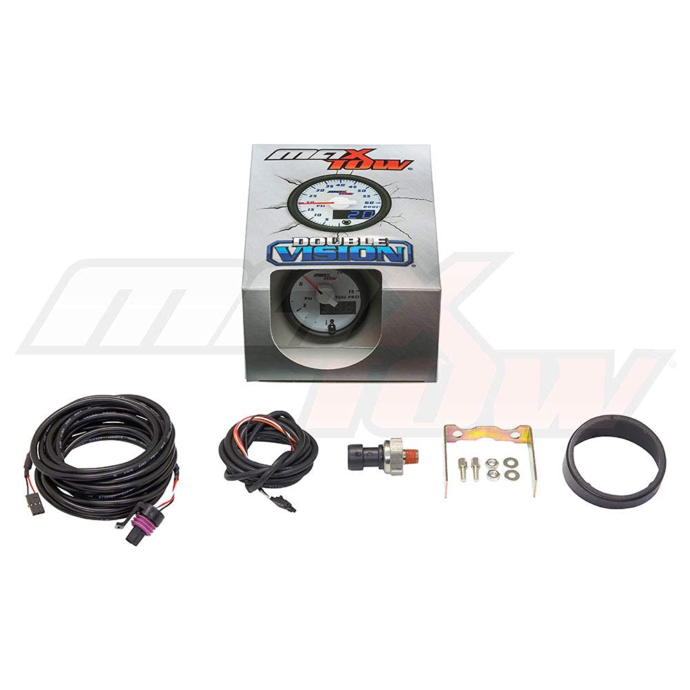 MaxTow Double Vision 15 PSI Fuel Pressure Gauge Kit with Electronic Sensor - White Face & Blue LED Dial - 52mm Analog/Digital Gauge for Trucks, Cars & Performance Vehicles - Engine Monitoring & Diagnostics Tool