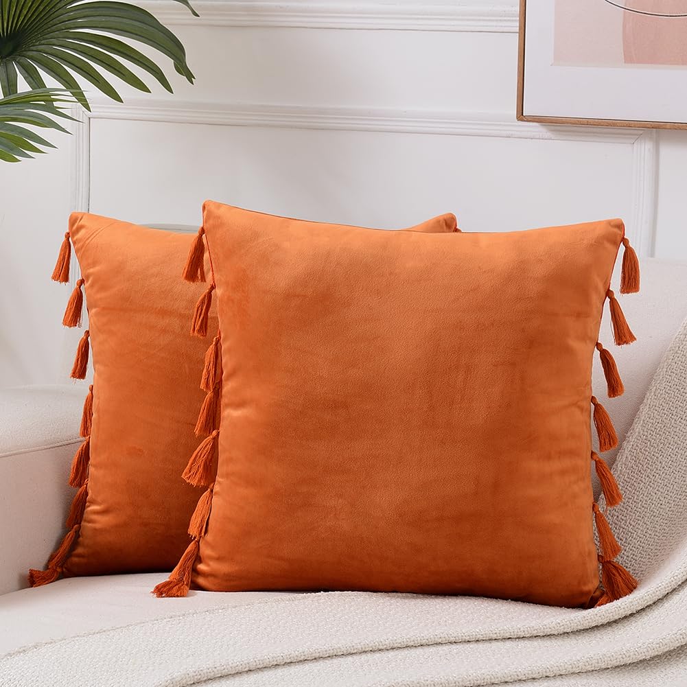 Pack of 2 Fall Orange Decorative Throw Pillow Covers 18x18 Inch (45x45 cm) - Soft Velvet Square Cushion Cases with Handmade Tassels for Couch, Sofa, Bed - Perfect for Living Room, Bedroom & Seasonal Home Decor