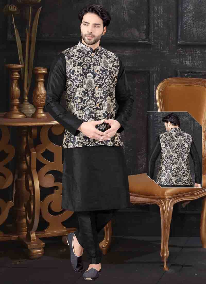 Elegant Black Kurta with Art Silk Churidar Set - Traditional Indian Ethnic Wear for Women - Perfect for Festivals, Weddings & Special Occasions