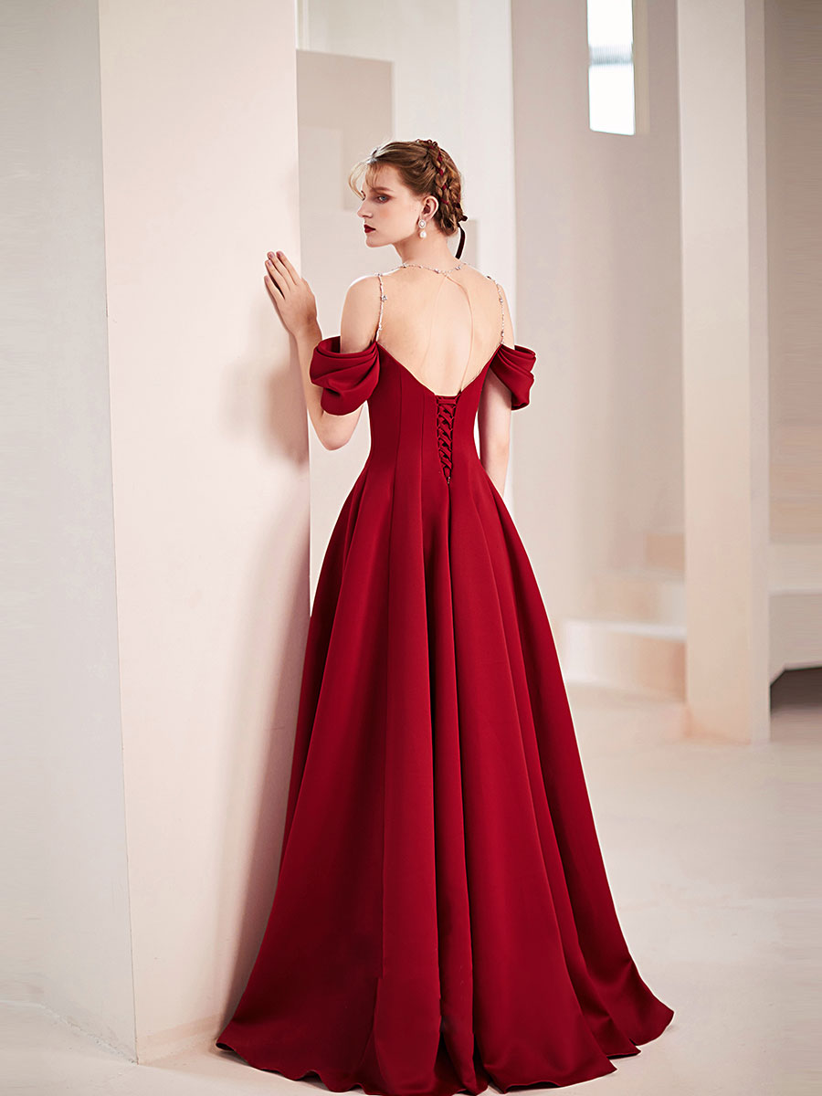 Elegant Burgundy Satin Long Prom Dress with Round Neckline - Perfect for Graduation, Formal Events & Evening Parties