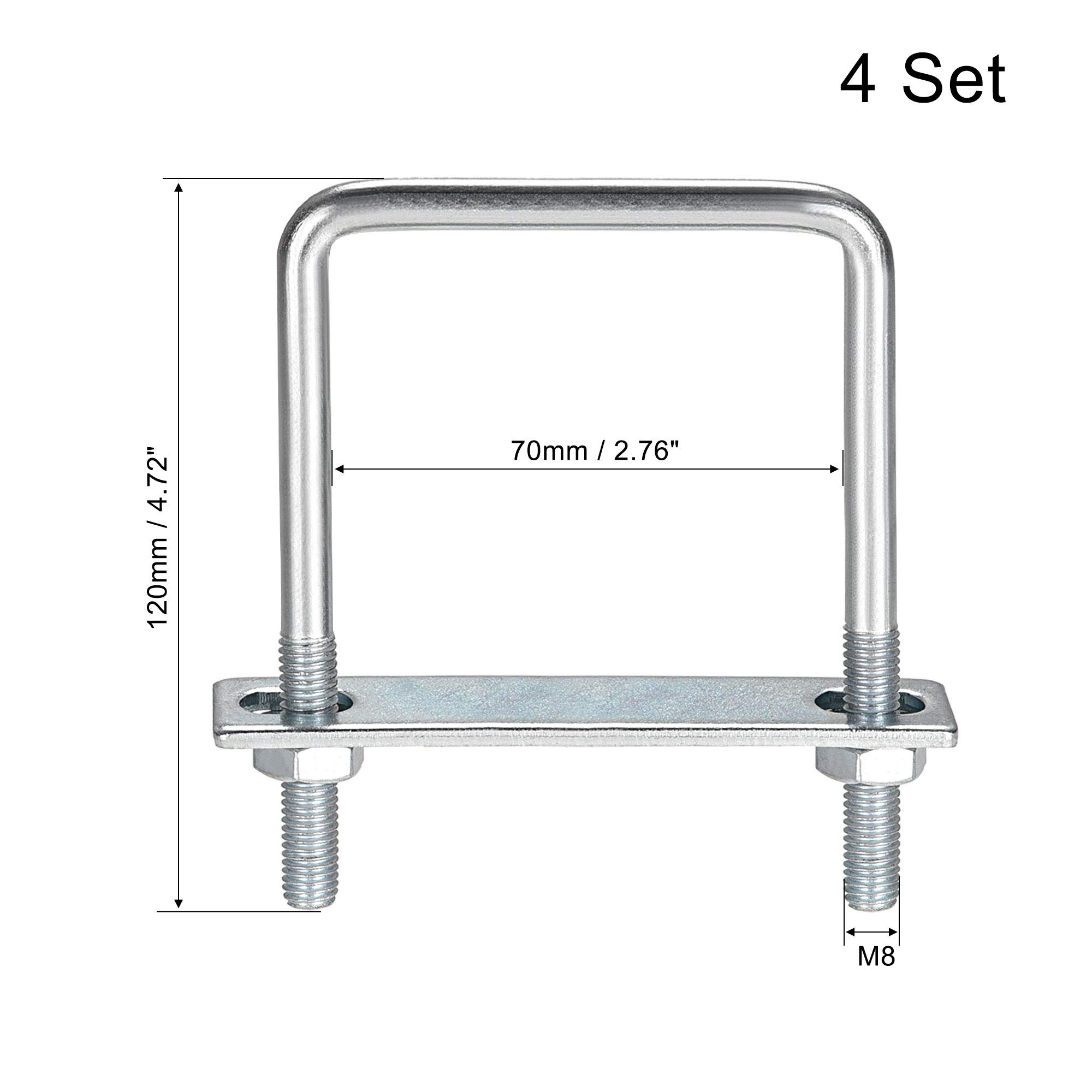 Carbon Steel M8 Square U-Bolts 4-Pack with Nuts & Washers for Frame Mounting
