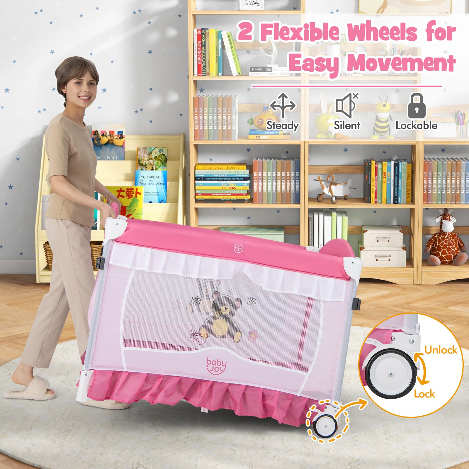 BABY JOY 4-in-1 Portable Playard with Canopy & Bassinet - Foldable Baby Crib with Wheels & Brake for Newborn to Toddler - Perfect for Travel, Nursery & Playtime (Pink)