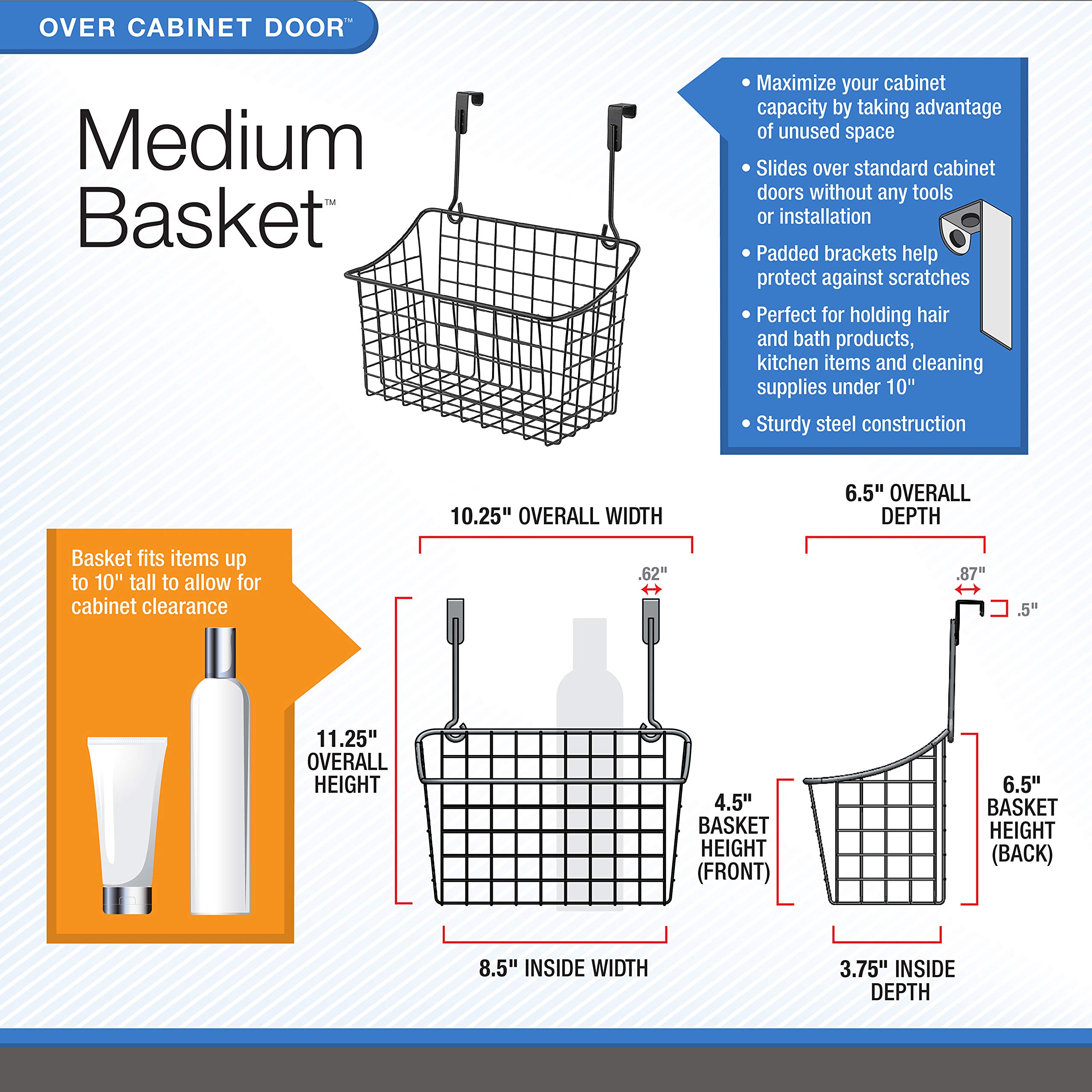 Industrial Gray Small Spectrum Hanging Baskets - Over Cabinet Wire Storage Organizer for Kitchen & Bathroom - Perfect for Cleaning Supplies, Washcloths & Towels | Space-Saving Solution for Home Organization & Clutter Control