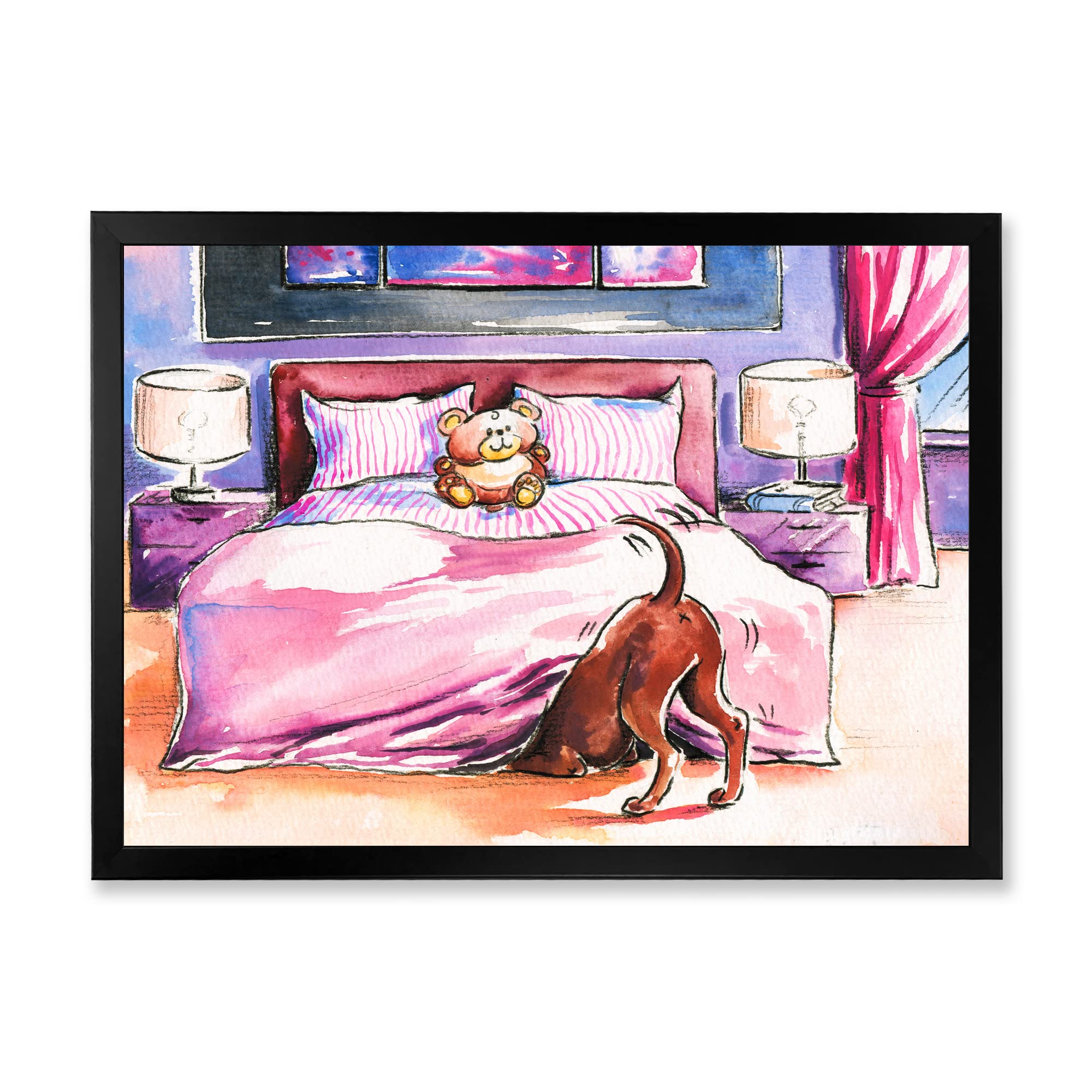Rustic Brown Dog Peeking Under Bed Farmhouse Framed Wall Art - Perfect for Living Room, Bedroom & Pet Lover Home Decor