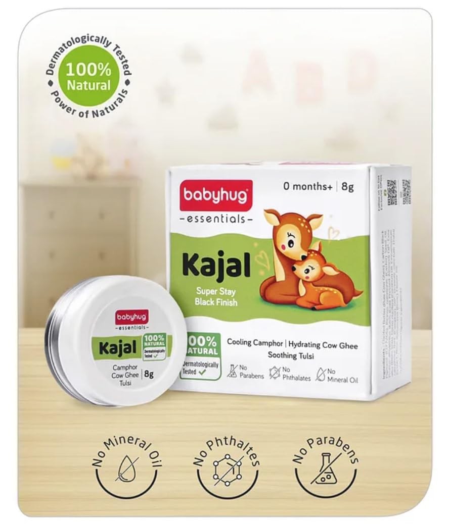 Organic Babyhug 100% Natural Kajal (8g) - USDA Certified with Castor Oil, Coconut Oil, Rosehip Oil & Sweet Almond Oil | Gentle Eye Makeup for Babies & Kids | Perfect for Festivals, Weddings & Daily Use