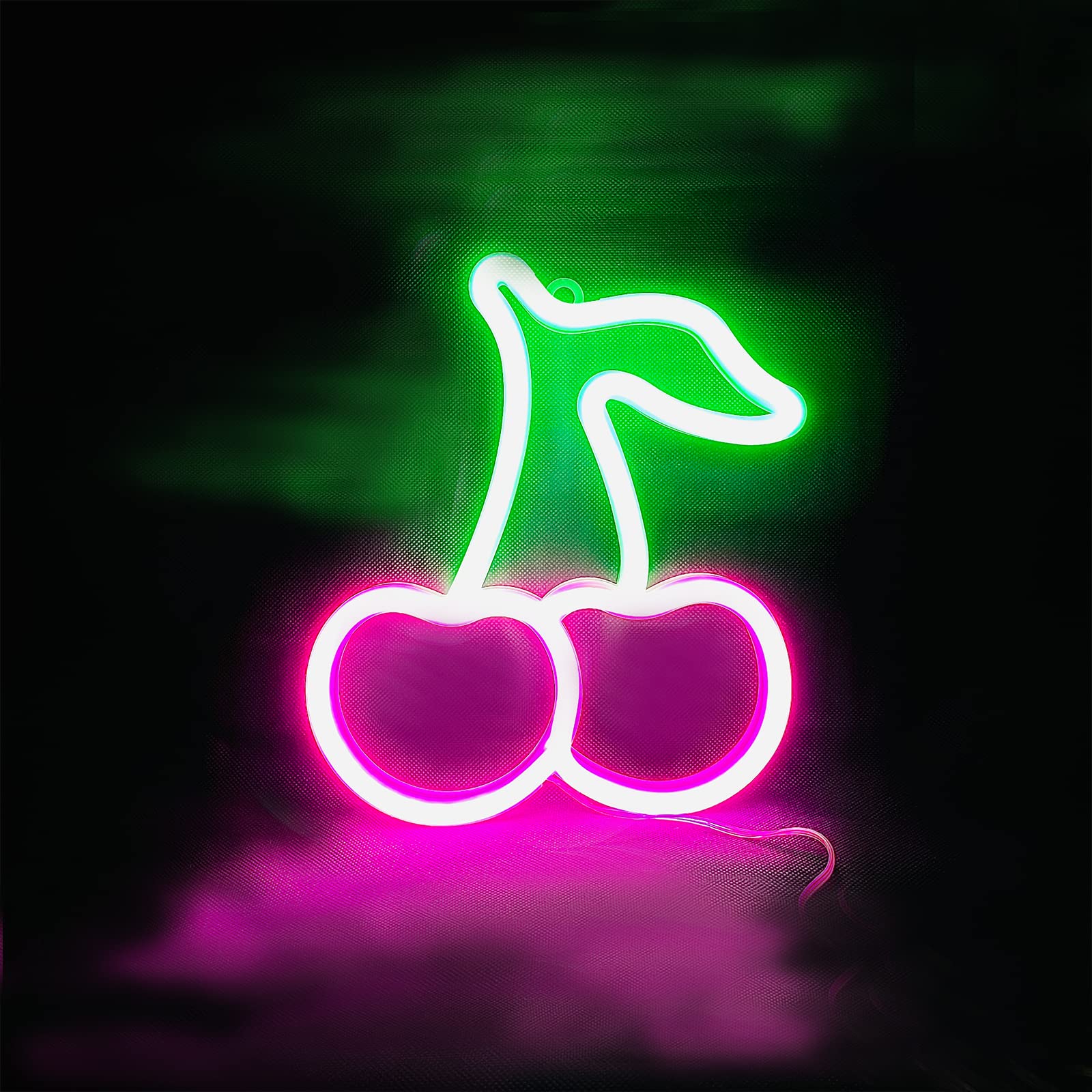 YEGUANG Cherry Neon LED Signs - USB/Battery Powered Pink & Green Aesthetic Room Lighting for Bedroom, Bar, Hotel, Party & Game Room Wall Decor - Perfect for Mood Lighting, TikTok Backgrounds & Instagrammable Spaces