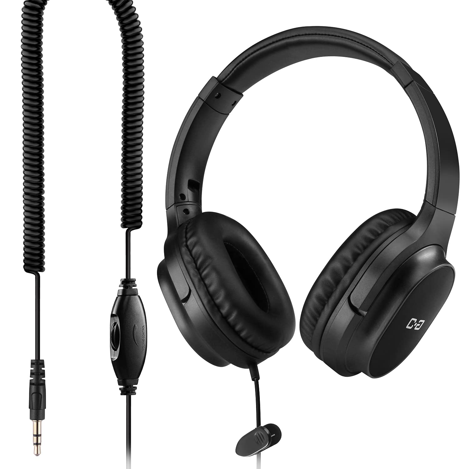 Extra Long 18ft Coiled Headphones with Volume Control - 3.5mm AUX Wired Over-Ear Headphones for TV, PC, Gaming & Home Theater - Lightweight Stereo Sound Earphones with Durable Extension Spring Cord (CGS-W6) - Perfect for Watching Movies, Playing Games & Long Listening Sessions