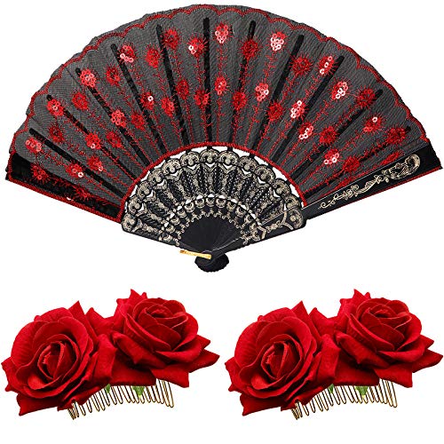 2 Pack Women's Rose Flower Hair Clips & Embroidered Sequins Hand Fan Set - Flamenco Dance Costume Accessories for Halloween, Cosplay, Party, and Stage Performances