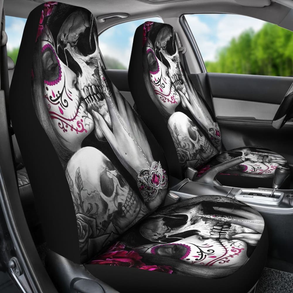 2 Pcs Skull Girl Kiss Grim Reaper Car Seat Covers - Gothic Horror Design for Cars, Trucks & SUVs - Perfect for Halloween, Cosplay & Dark Aesthetic Lovers