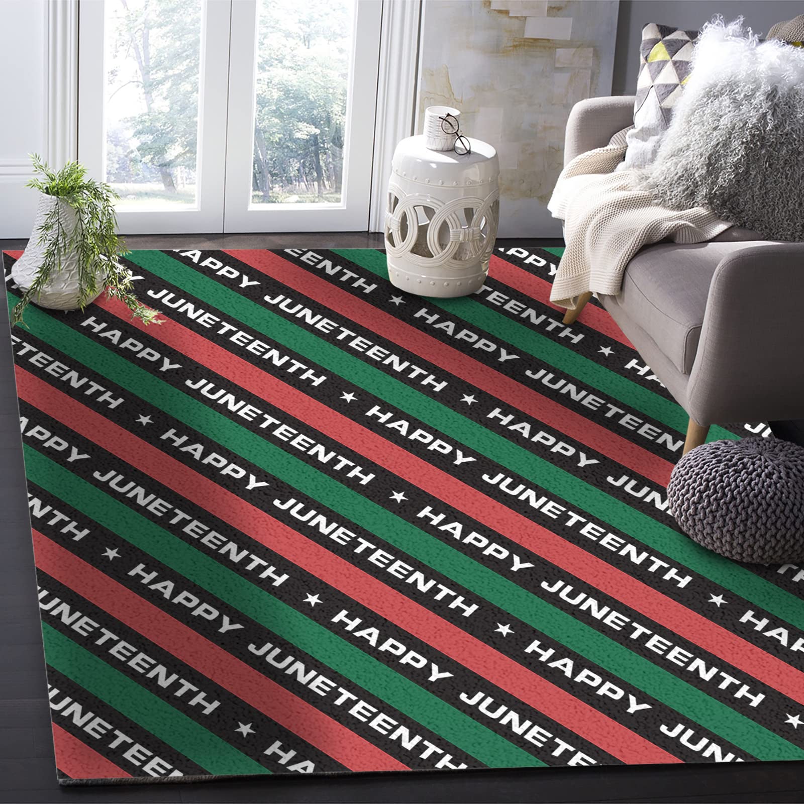 5'x8' Large Non-Slip Area Rug - Happy Juneteenth Striped Carpet in Red & Green for Bedroom, Living Room, Kitchen & Kids Room - Soft Floor Mat for Home Decor & Safety