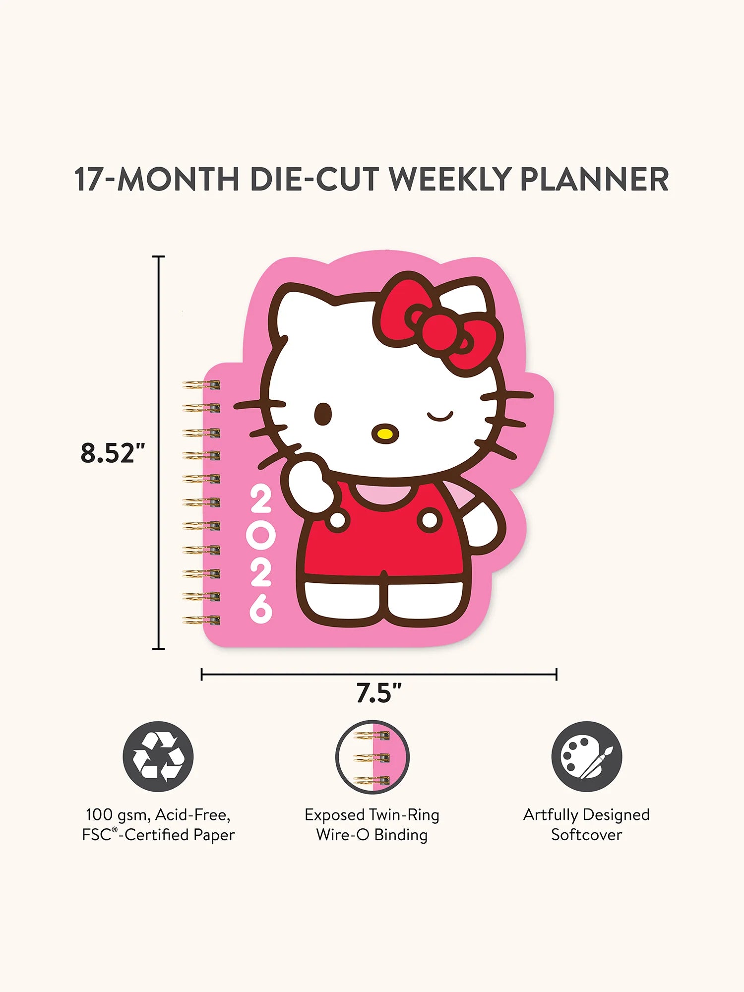 2026 Hello Kitty Playful Pink Die Cut Weekly Planner - Cute Kawaii Organizer for School, Work & Daily Planning - Perfect Gift for Students & Office Use
