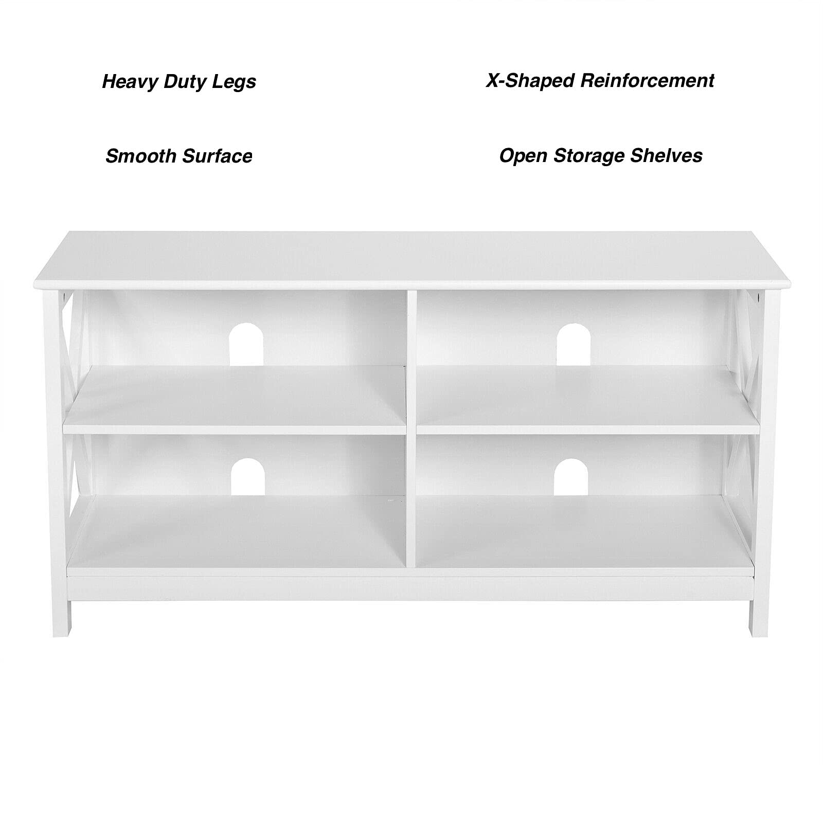 White TV Stand Entertainment Center with 4 Open Shelves - Holds DVD Player, Gaming Console, Cable Box, Books & Plants - Wire Management Holes & Large Tabletop Fits 55
