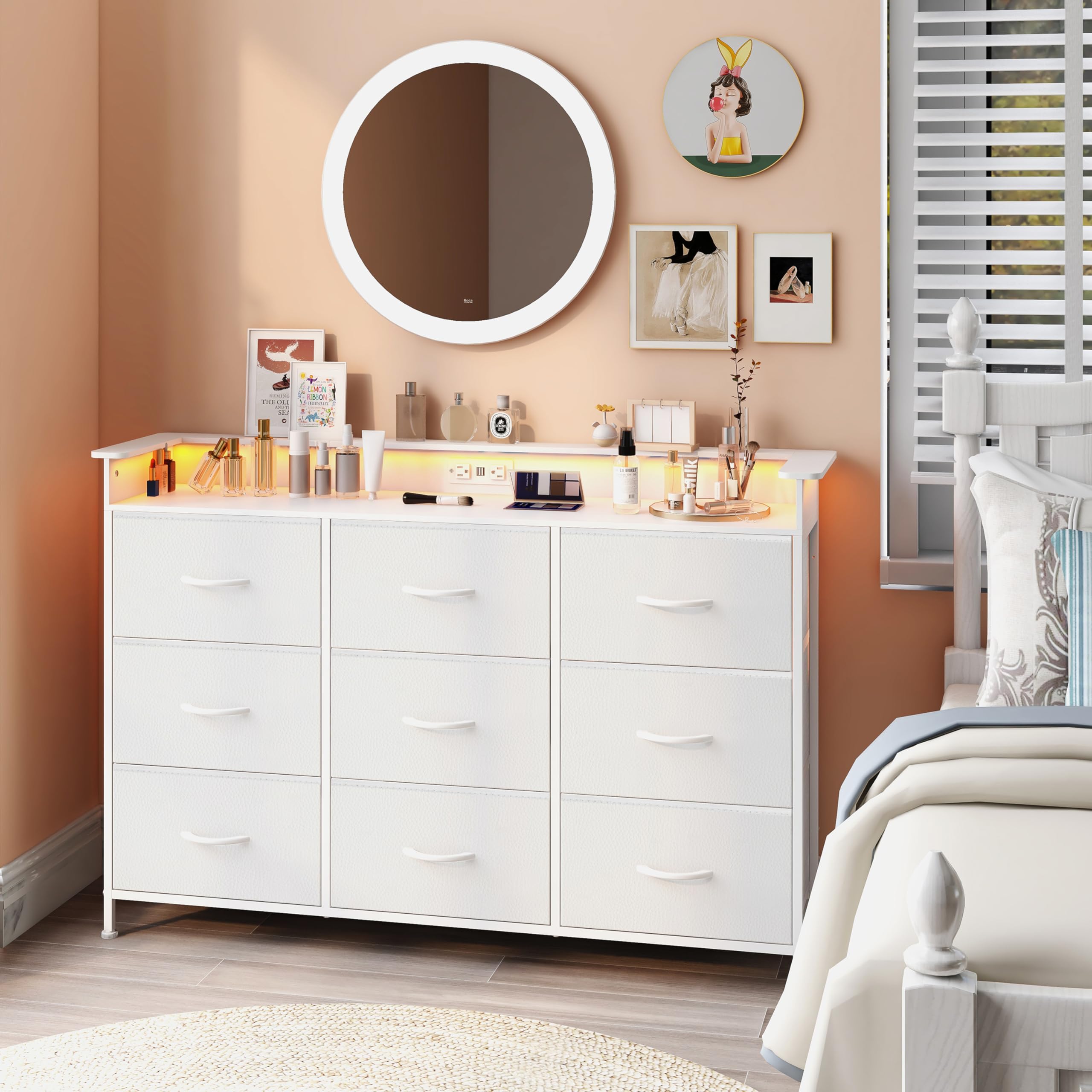 EXOTICA 9-Drawer White Dresser with LED Lights & USB Charging Station - Sturdy Steel Frame & Wooden Top for Bedroom, Entryway, Living Room, Hallway | Easy Pull Handles, Modern Storage Solution for Clothes & Accessories