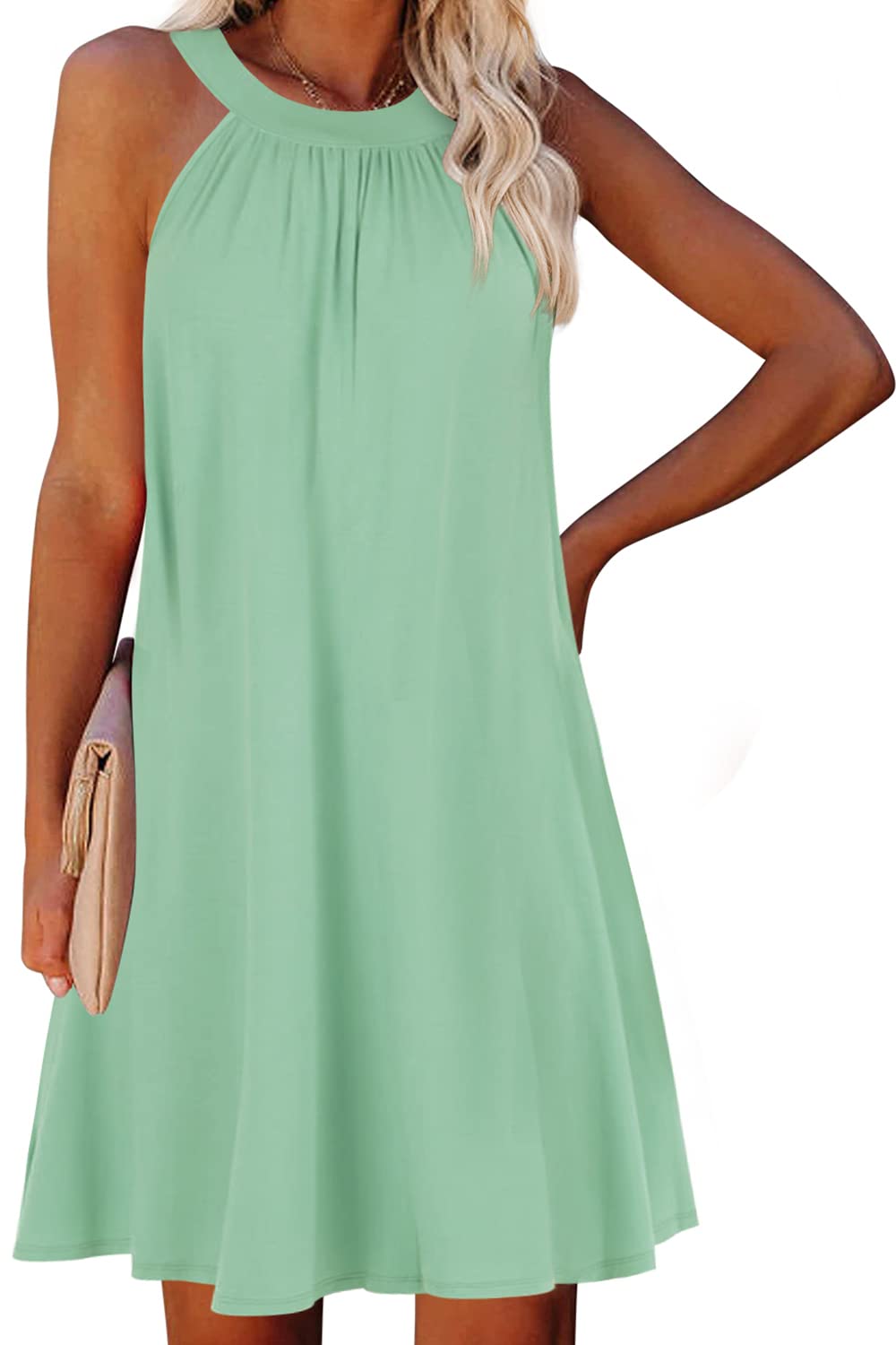 ReachMe Women's Casual Halter Neck Mini Dress - Sleeveless Summer Swing Dress with Pockets | Beach Wear, Vacation Outfit, Party Dress, Date Night Outfit