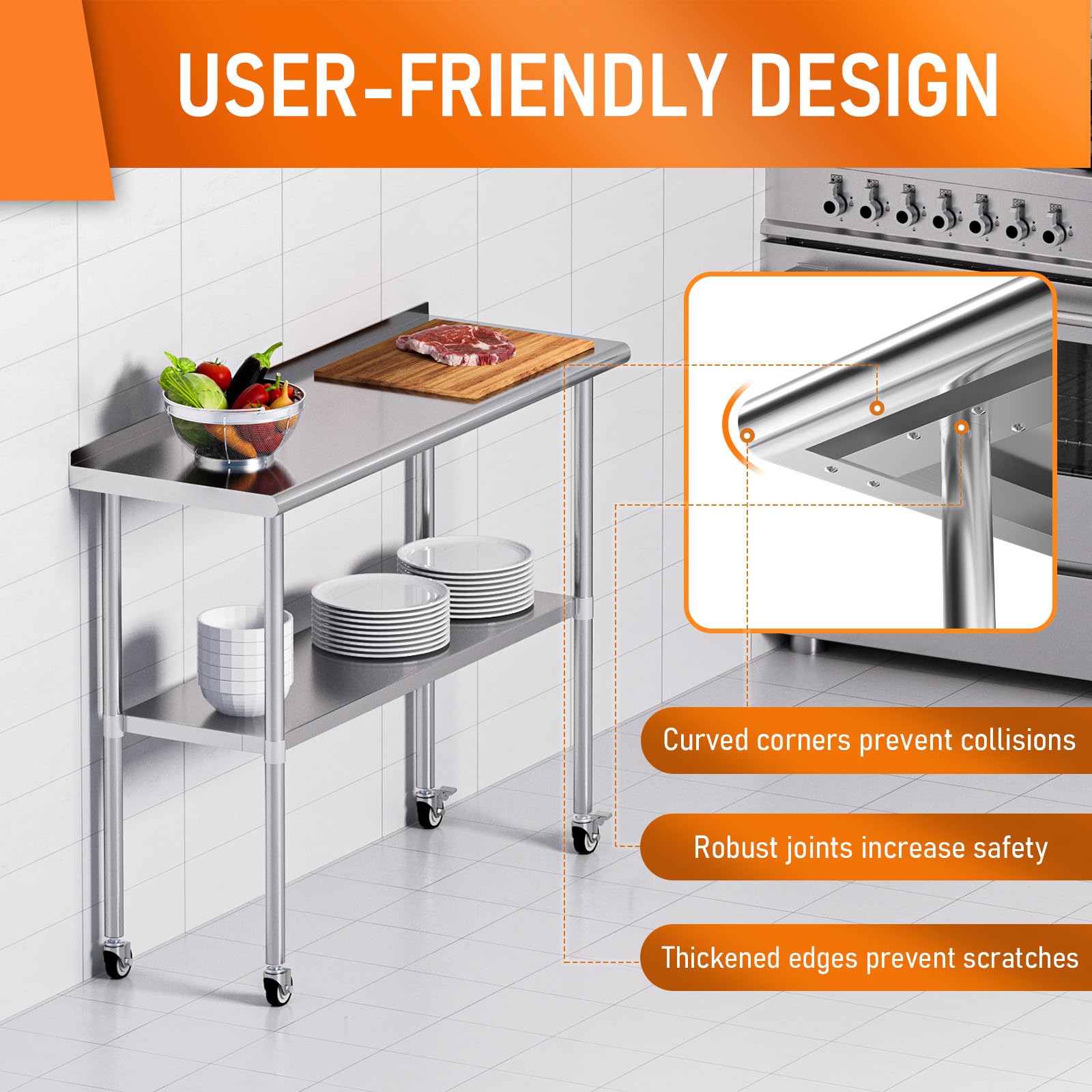 Stainless Steel Prep & Work Table with Adjustable Shelf, Backsplash & Wheels - 18