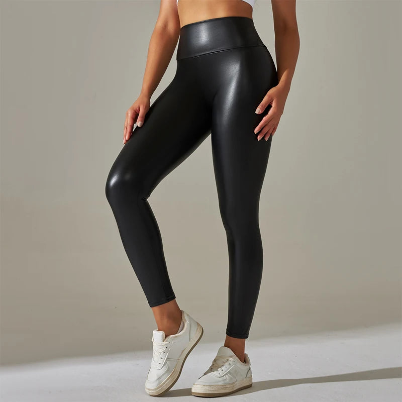 Stylish Oversized Women's Leggings - High Waist PU Leather Yoga Pants for Workout & Fashion | Trendy Tight & Sexy Pants for Gym, Running, Lounge & Night Out