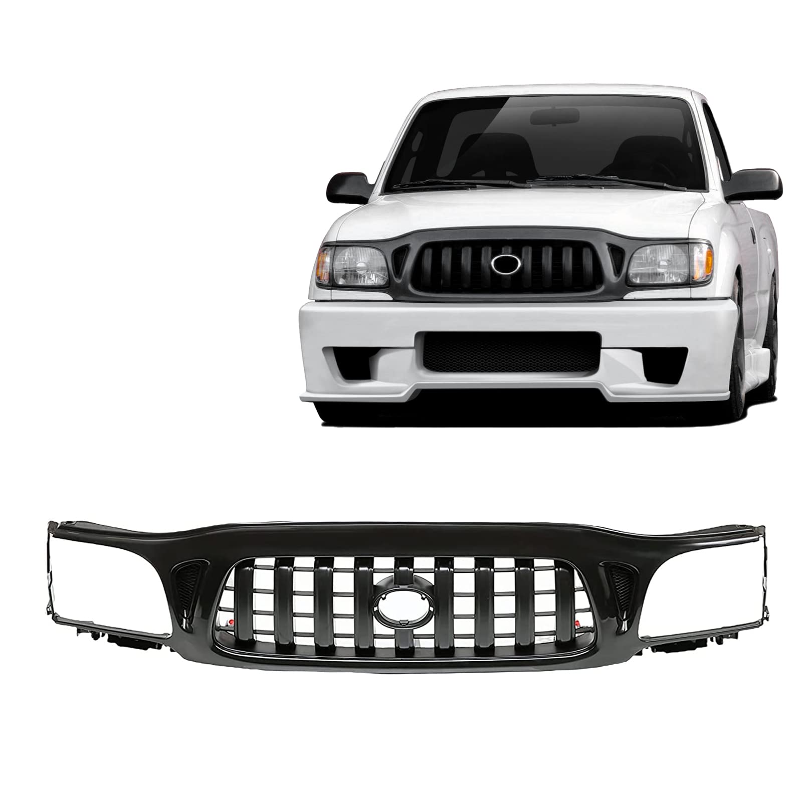 Black Front Grille Grill Assembly with Black Shell & Insert for 2001-2004 Toyota Tacoma Pickup Truck - Off-Road Upgrade & Custom Styling Accessory