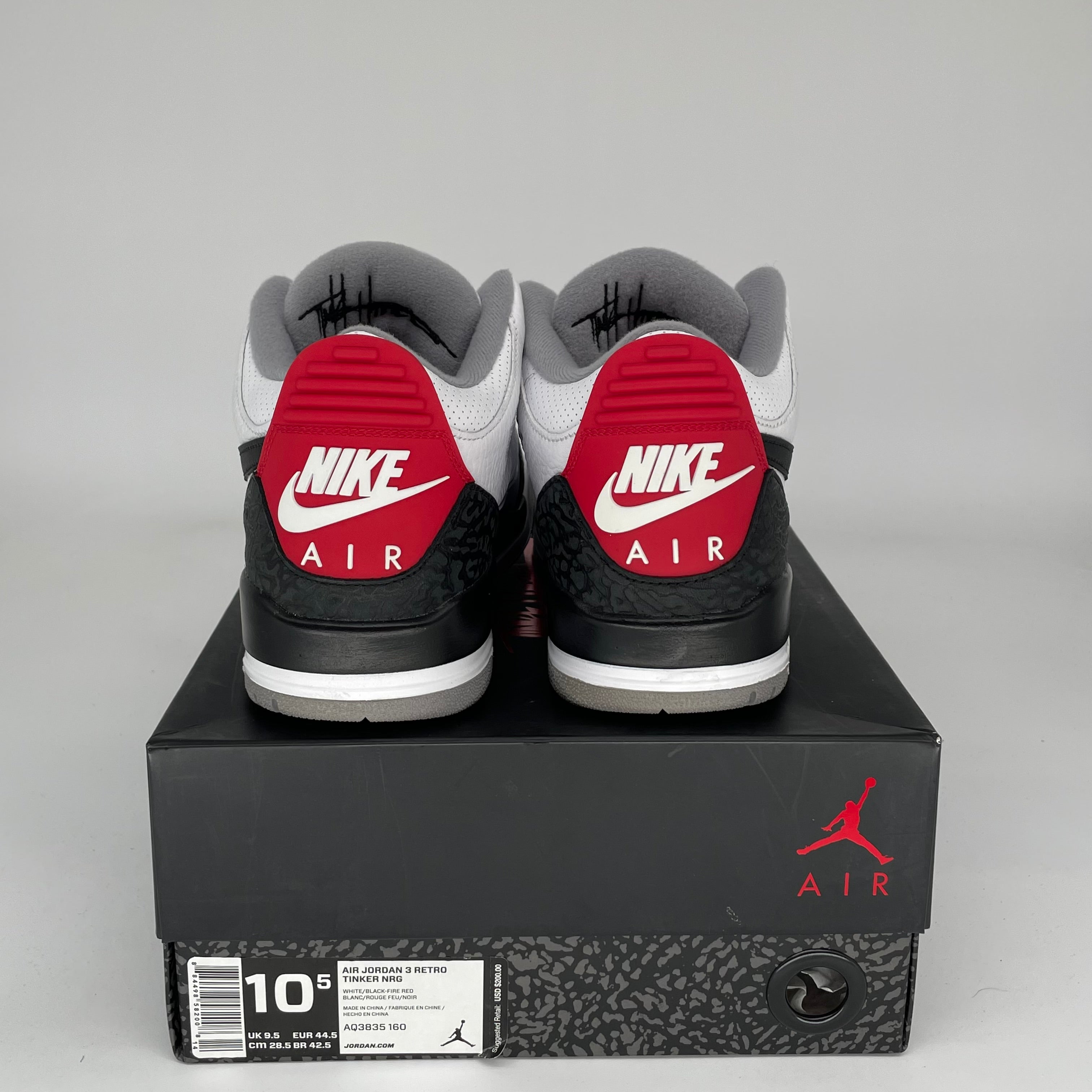 AIR JORDAN 3 TINKER HATFIELD Men's Basketball Shoes Size 10.5 White/Fire Red-Cement Grey AQ3835-160 - Perfect for Streetwear, Sneaker Collecting & Basketball Games