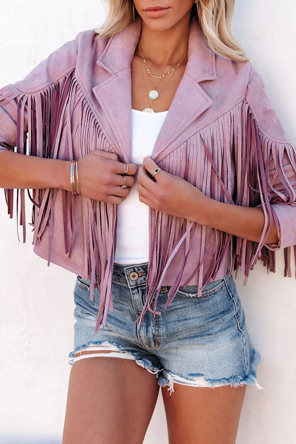 Stylish All Night Cropped Fringe Faux Suede Jacket for Women - Trendy Biker Style Outerwear for Night Out, Party & Casual Wear