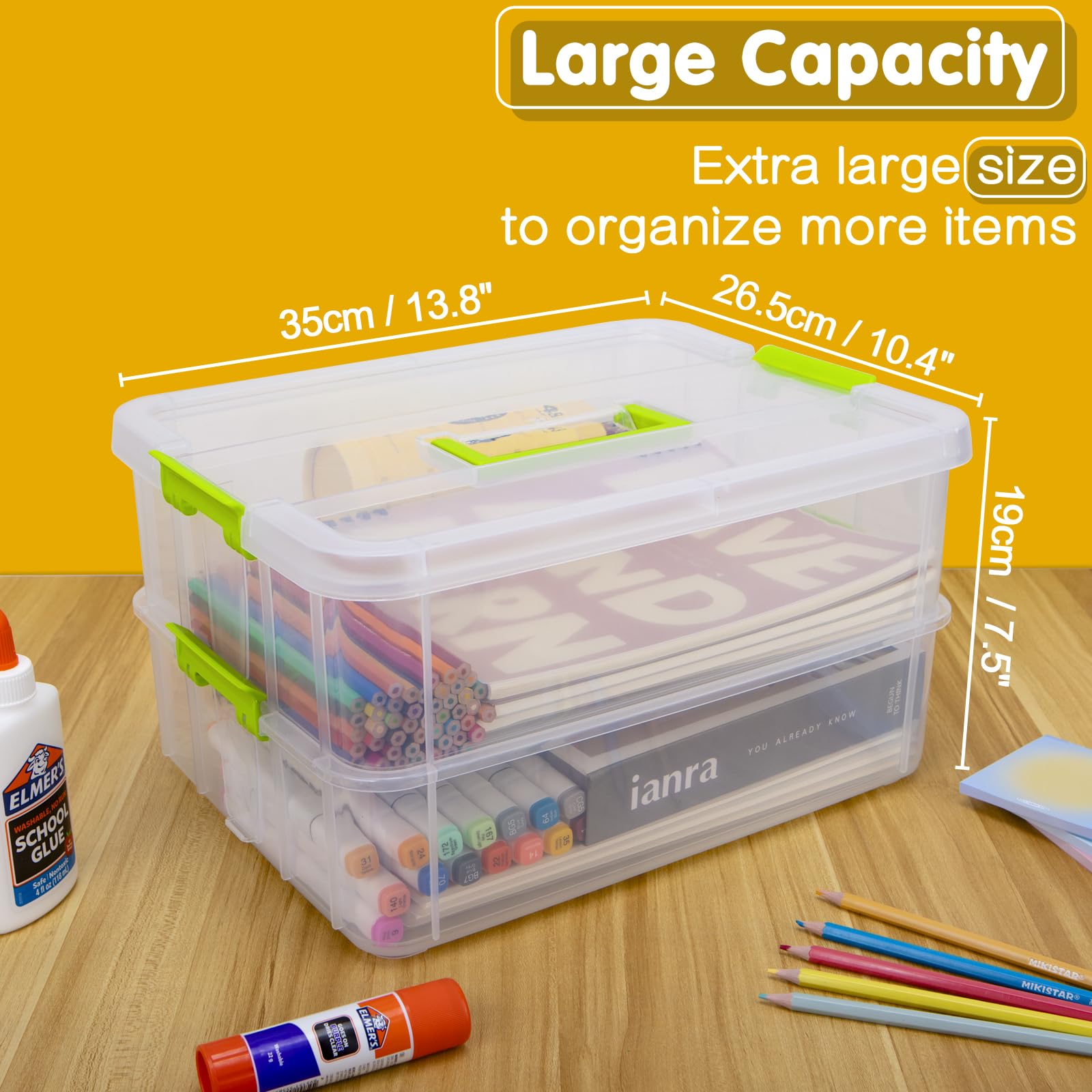 2 Layer Plastic Storage Containers with Lids - Clear Stackable Organizer Box for Crafts, Sewing, Makeup & Nail Supplies | Portable & Multipurpose Storage Bin | Perfect for Home, Office & Travel Organization (Green)