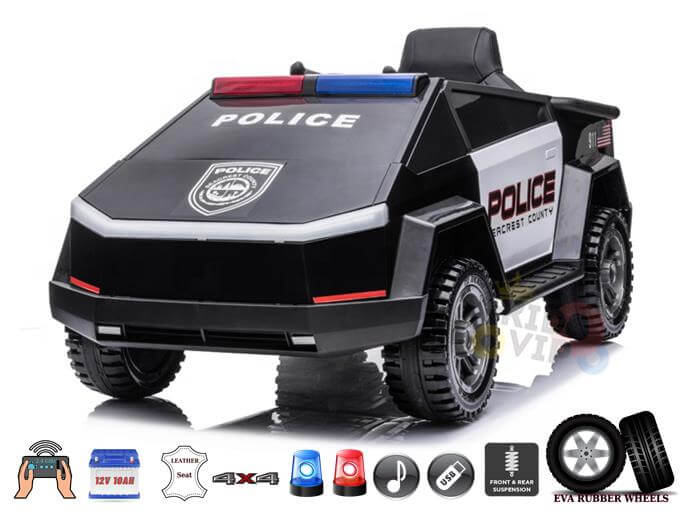 12V Kids Ride on Police Truck - Battery Powered Electric 4x4 AWD Remote Control Car with Rubber Wheels, Leather Seat, Siren & Music | Perfect for Outdoor Play, Birthday Gifts & Pretend Police Adventures