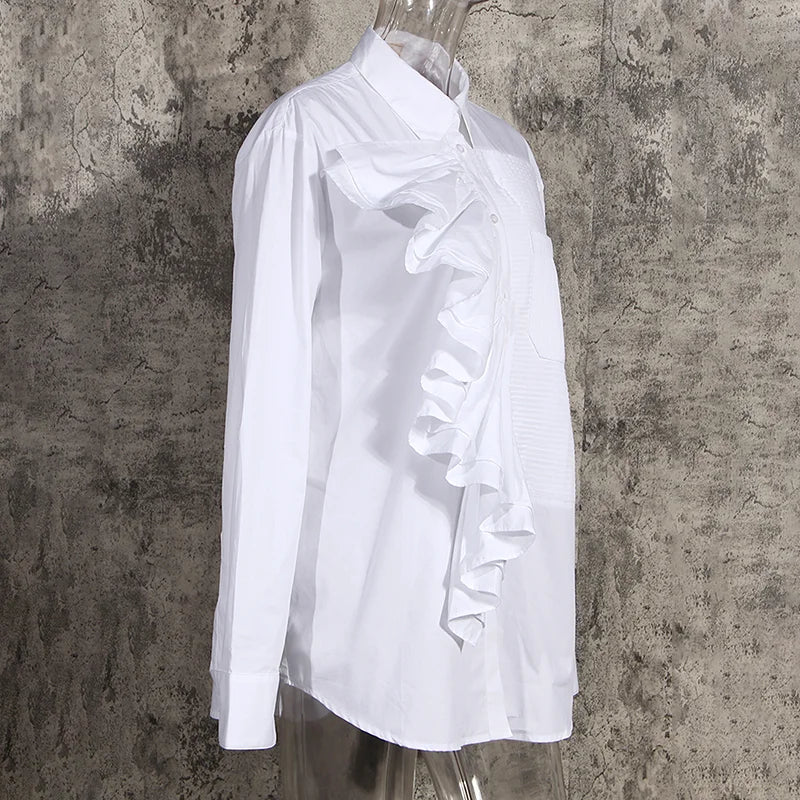 Asymmetrical Patchwork Ruffle Blouse for Women - Lapel Long Sleeve Pleated Casual Shirt - Fall Fashion Trendy Top for Office, Date Night & Everyday Wear