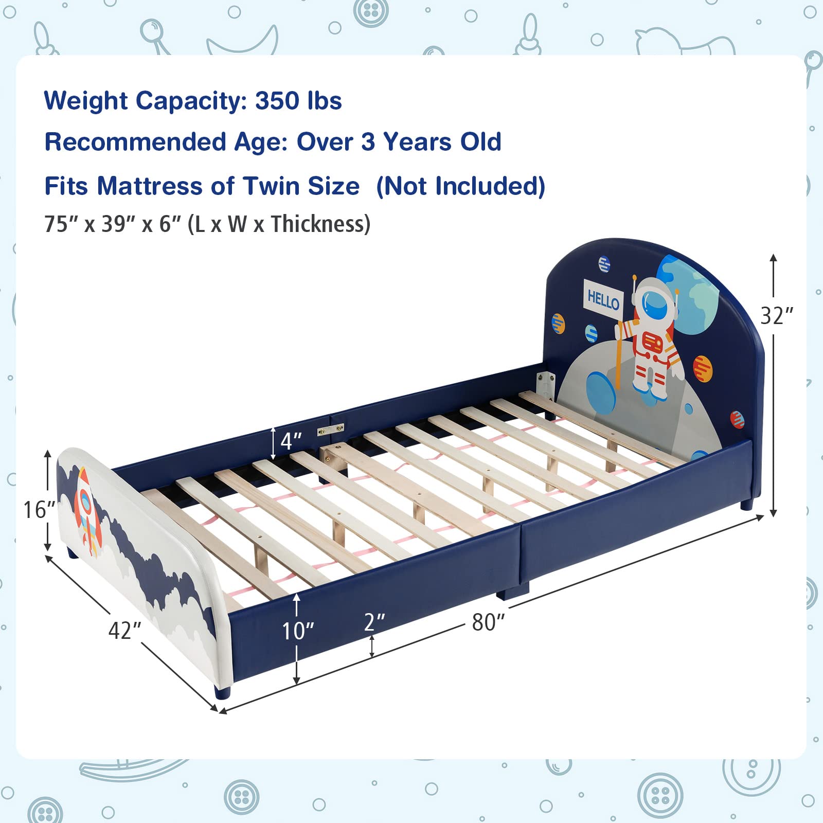 Costzon Twin Bed Frame for Kids - Wooden Upholstered Platform Bed with Slat Support | Padded Headboard & Footboard | No Box Spring Needed | Easy Assembly | Fits Standard Twin Mattress | Astronaut Theme | Perfect for Kids' Bedrooms, Dorm Rooms & Space-Themed Decor