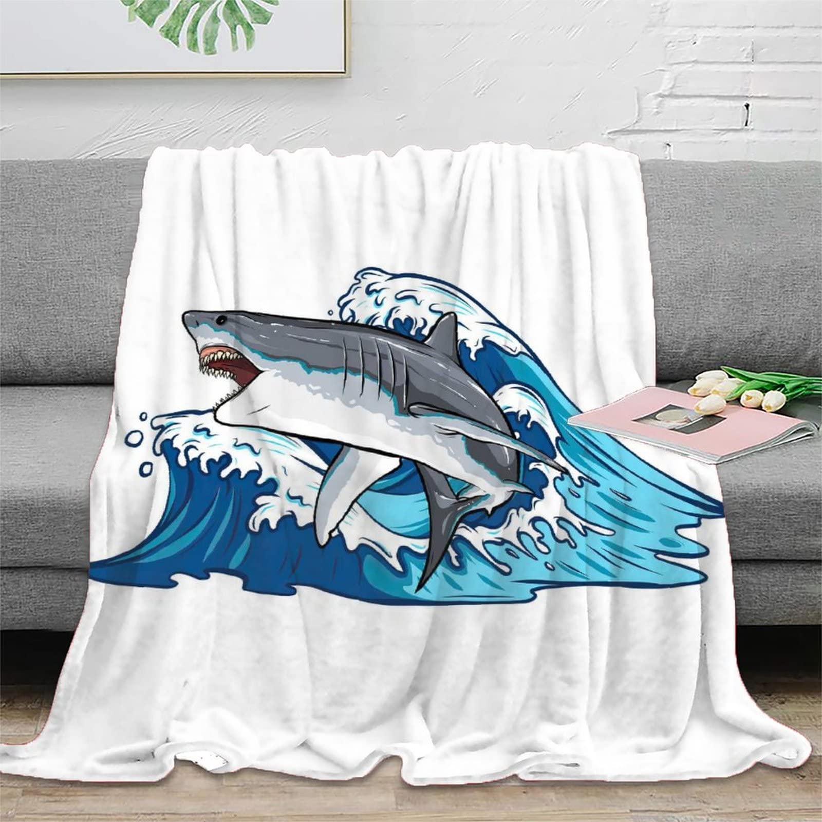 Shark Print Throw Blanket - 40x50 Inch Soft Cozy Blanket for Kids, Boys & Girls - Underwater Sea World Shark Design for Bed, Sofa, Couch - Perfect for Nap Time, Movie Nights & Room Decor