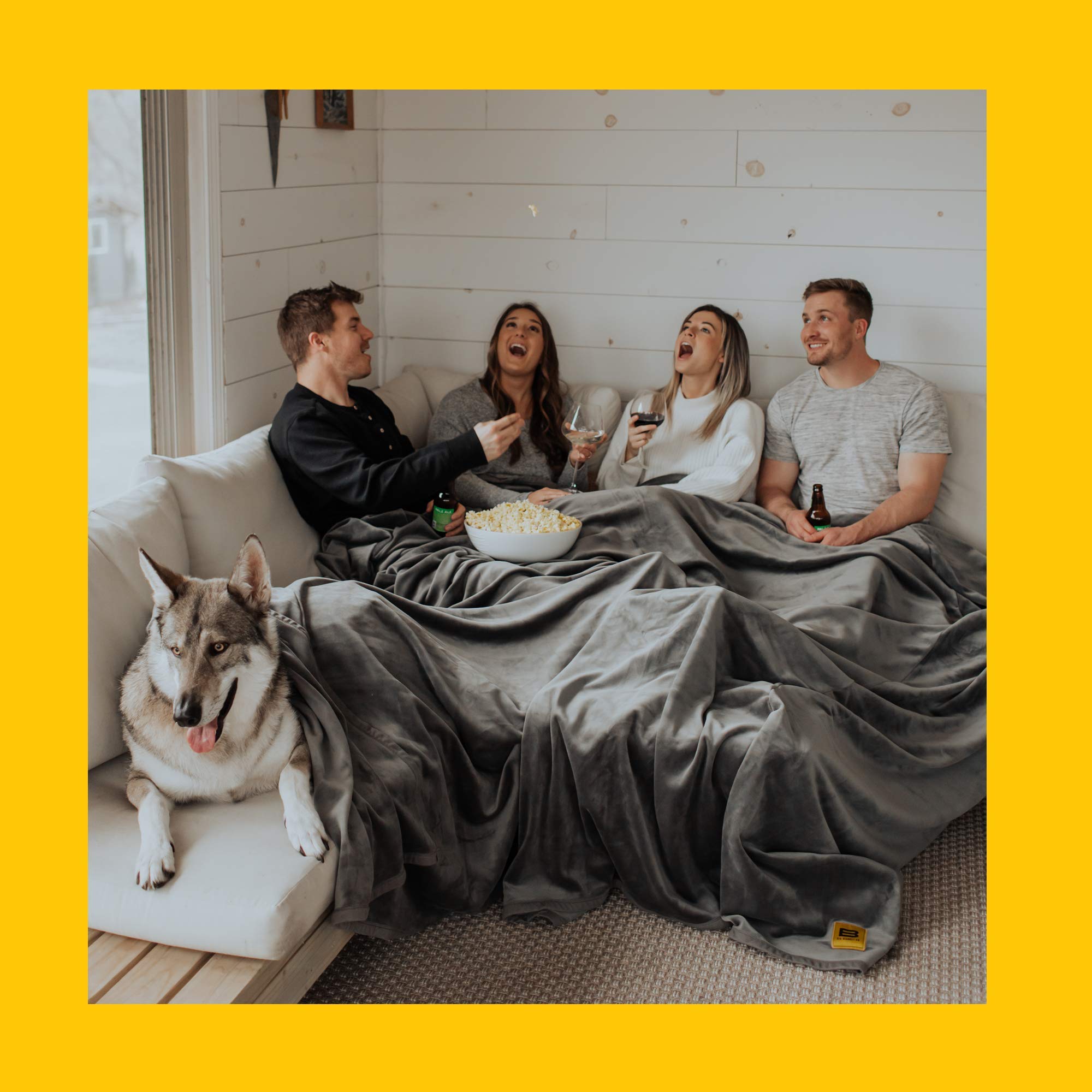 Big Stretch Blanket 10' x 10' - Oversized Soft Fleece Throw for Winter & Fall - Machine Washable Temperature Regulating Blanket - Perfect for Family Movie Nights, Camping Trips and Cozy Home Decor (Smoke Grey + Light Grey)