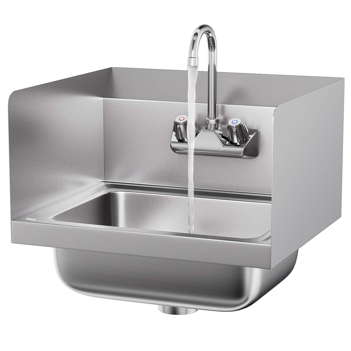 Giantex Commercial Stainless Steel Hand Washing Sink with Wall Mount Faucet & Side Splashes - Heavy Duty Kitchen Sink with Hot/Cold Water Inlet - Ideal for Restaurants, Food Trucks & Commercial Kitchens (Silver)