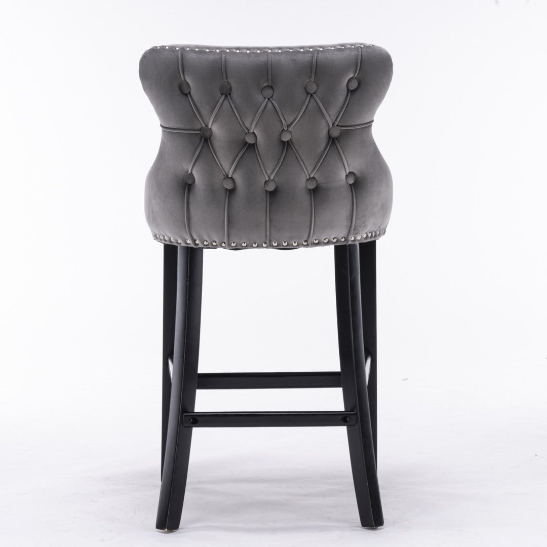 Velvet Upholstered Button Tufted Bar Stools with Wood Legs & Studs - Set of 2, Grey - Perfect for Kitchen Islands, Home Bars & Modern Dining Areas