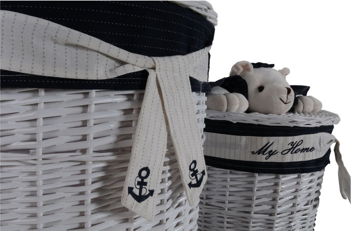 Anne Home Set of 4 Oval Willow Baskets with Teddy Bear - White & Blue Woven Storage Baskets for Kids' Toys, Books & Clothes | Perfect for Nursery, Playroom & Bedroom Organization
