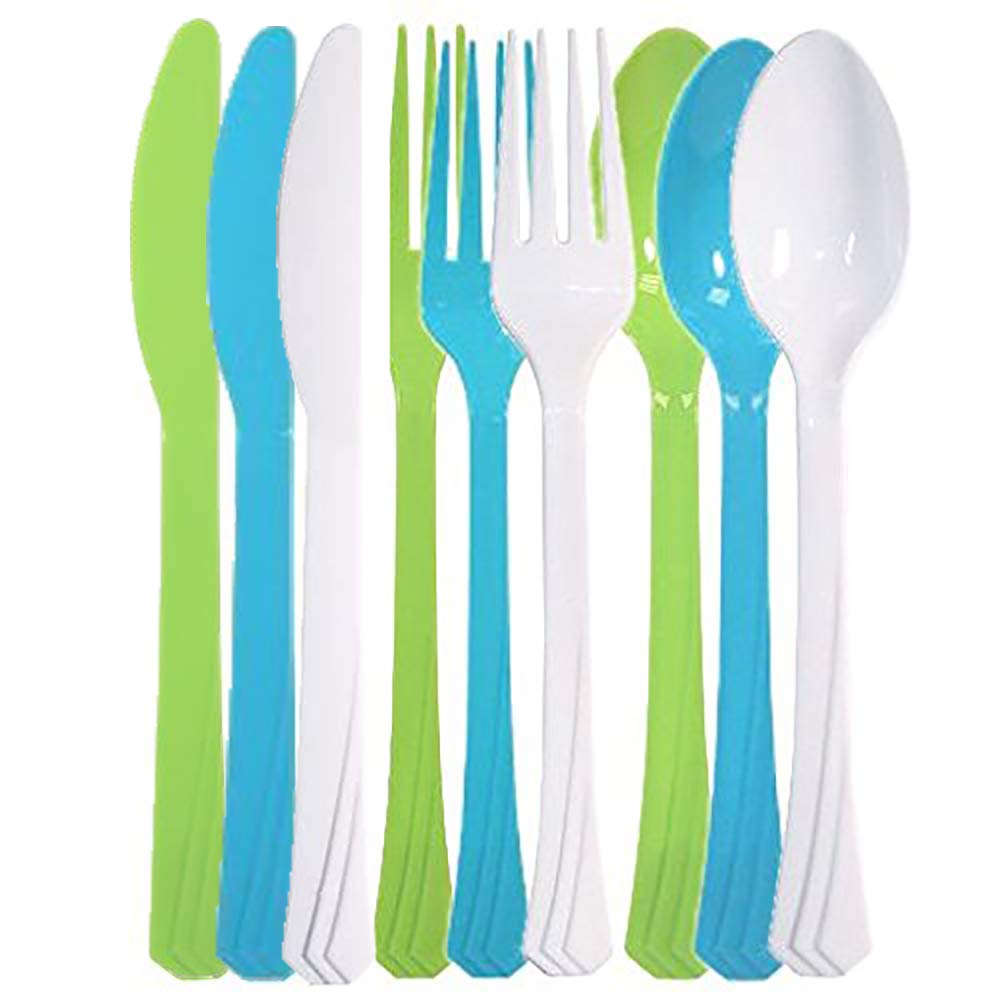 Tiger Chef 216-Pack Heavy Duty Plastic Cutlery Set - 72 Forks, 72 Teaspoons, 72 Knives in Lime Green, Island Blue & Pearl White | Durable Disposable Silverware for Parties, Picnics, BBQs & Catering Events