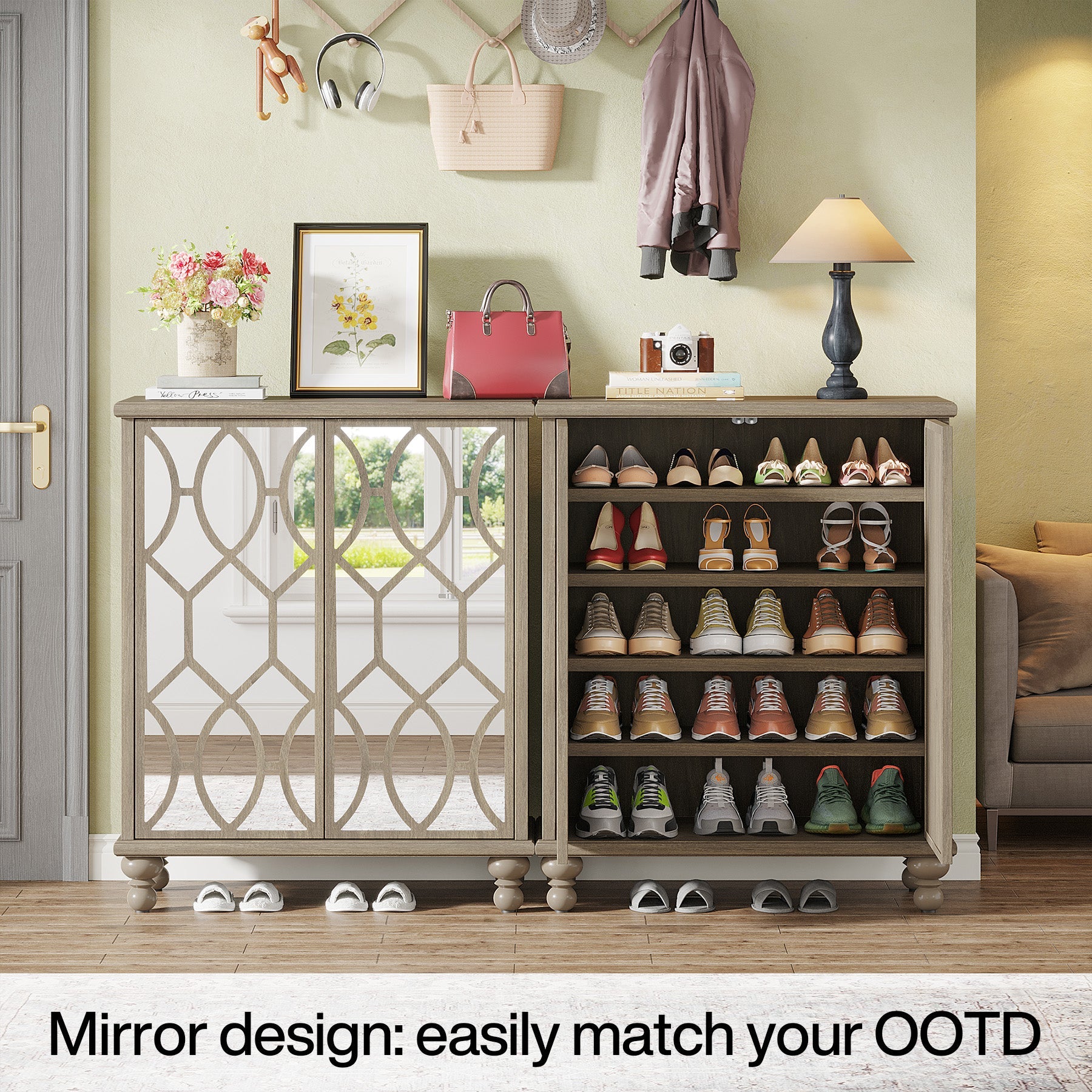 5-Tier Mirror Shoe Cabinet with Doors - Large Shoe Storage Organizer for Entryway, Bedroom & Closet - Space Saving Shoe Rack for Sneakers, Boots & Heels
