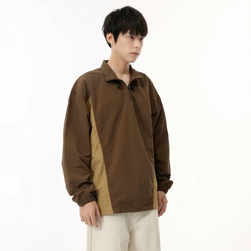 Men's American Style Half-Zip Patchwork Contrast Color Casual Jacket with Turn-Down Collar | Trendy Streetwear Outerwear for Fall & Winter | Perfect for Daily Wear, Work, and Outdoor Activities