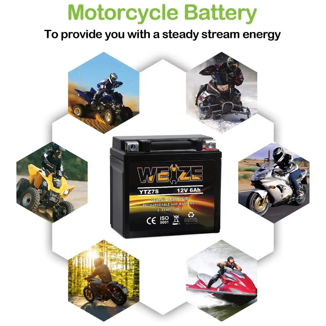 WEIZE YTZ7S BS 12V 6Ah High Performance AGM Motorcycle Battery - Maintenance Free, Compatible with Honda TRX450ER TRX450R ATV - Perfect for Off-Road Adventures and Long Rides