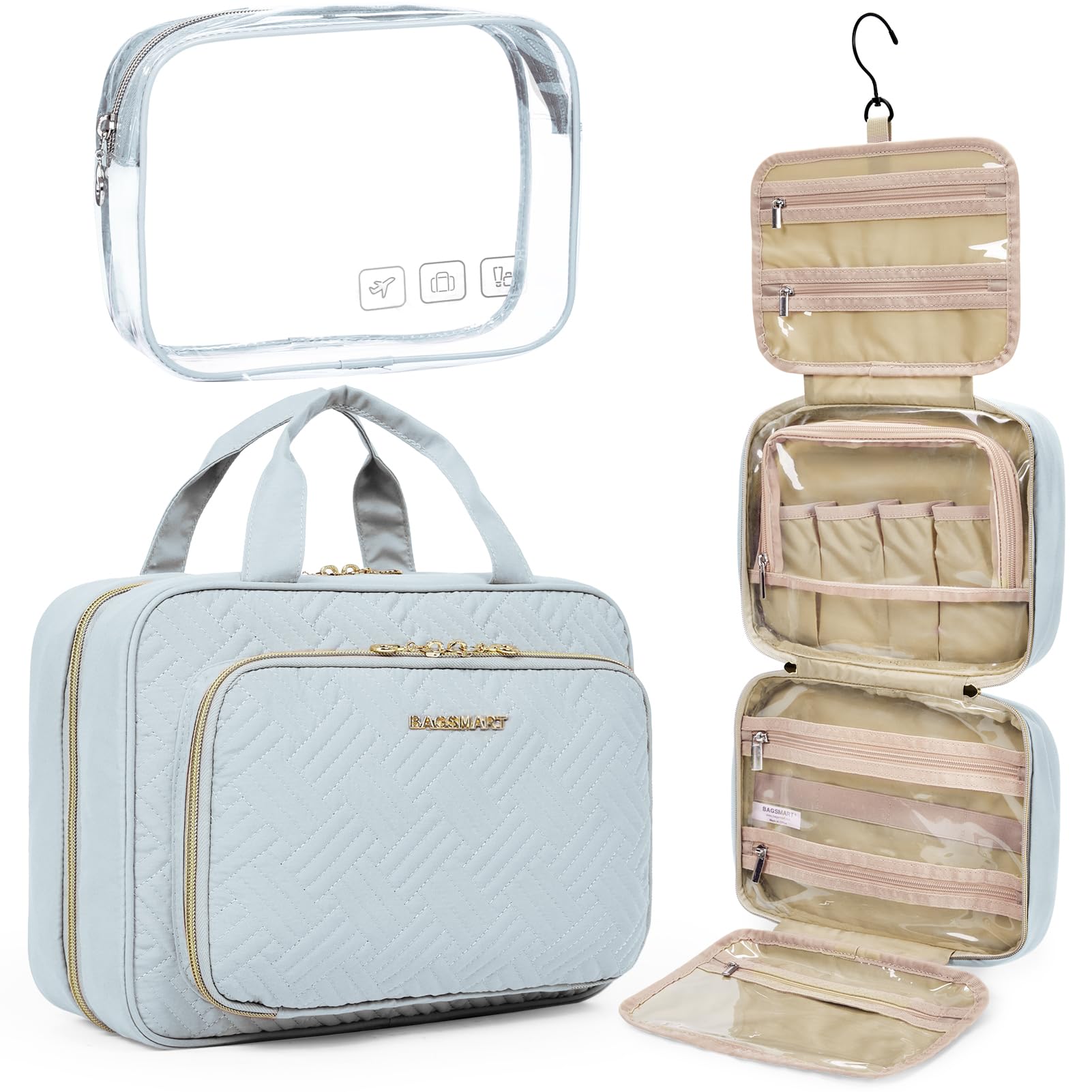 BAGSMART Hanging Toiletry Bag for Travel - TSA Approved Transparent Cosmetic Organizer with Large Capacity for Full-Sized Toiletries & Makeup (Light Blue) - Perfect for Air Travel, Camping & Gym Essentials Organization