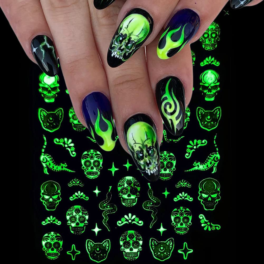 Glow in The Dark Halloween Nail Stickers - 6 Sheets Luminous Nail Decals with Spider Skull Bat Ghost Witch Designs - Day of The Dead Nail Art Supplies for Halloween Party, Costume Accessories & DIY Nail Art - Perfect for Trick or Treat, Halloween Events & Spooky Nail Designs