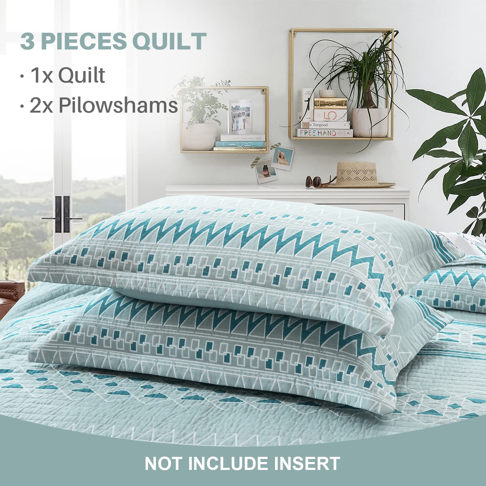 Y-PLWOMEN 100% Cotton Queen Size Quilt Set - Grey Blue Geometric Striped Lightweight Bedspread | 3-Piece All Season Soft Quilt for Bedroom Decor & Guest Room Comfort