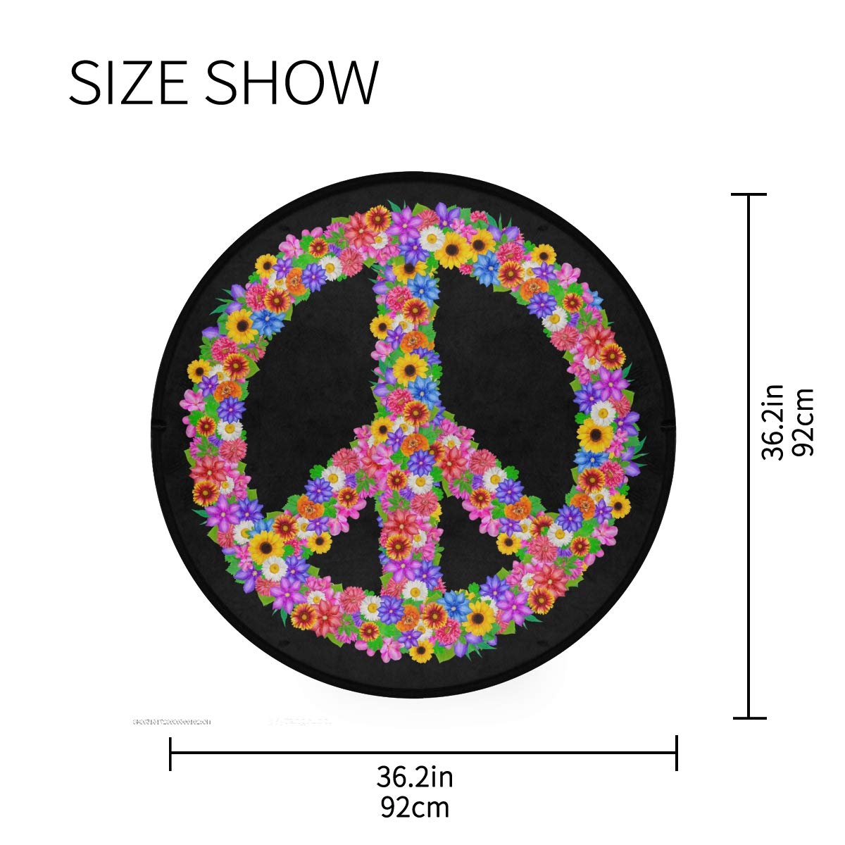 ALAZA Peace Sign Flower Black Round Area Rug - 3' Diameter (92 cm) Soft Non-Slip Floor Mat for Living Room, Bedroom, Dorm | Boho Home Decor, Hippie Style Accent Rug for Teens Room & Meditation Space