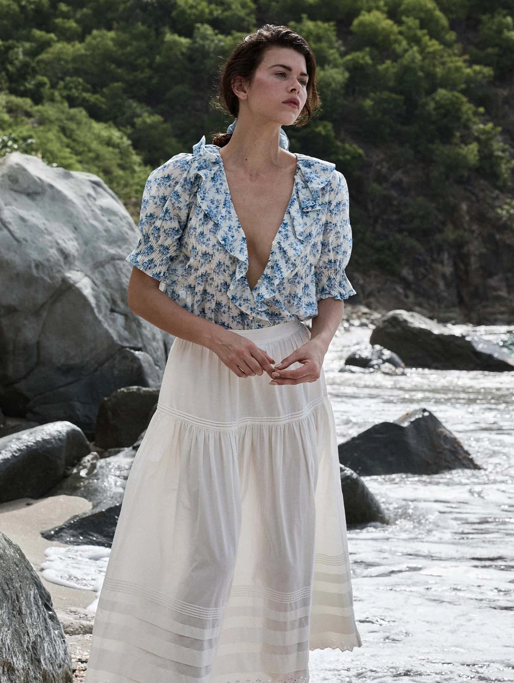 Henri Top in Bleu Rosier Floral Print - Women's Elegant Floral Blouse for Casual Wear & Summer Outfits