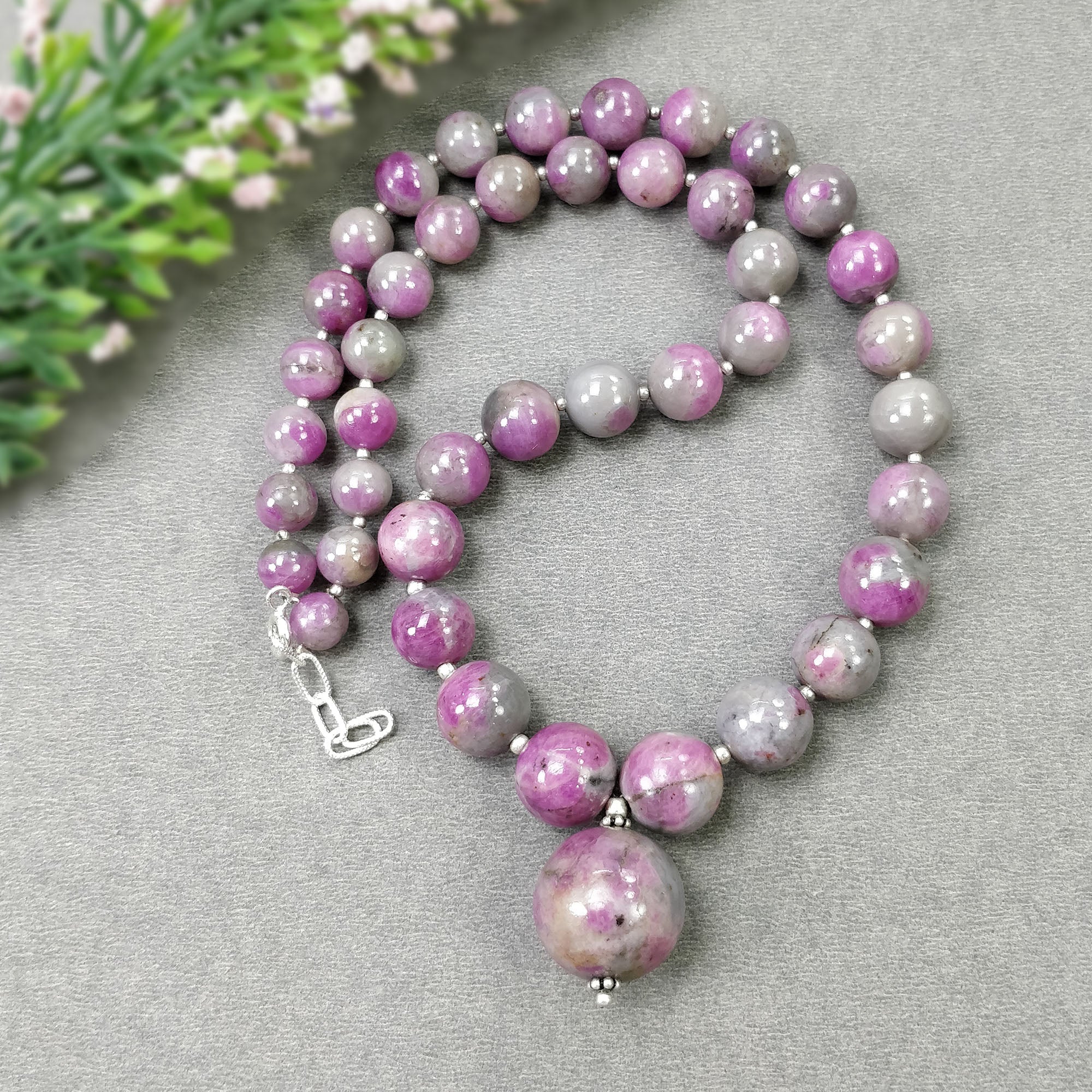 Natural Untreated Bi-Color Zoisite Ruby Gemstone Necklace - 334.15cts Genuine Ruby Balls with 925 Sterling Silver (7mm, 17mm, 18mm) | Elegant Jewelry for Women, Perfect Gift for Birthday, Anniversary & Special Occasions
