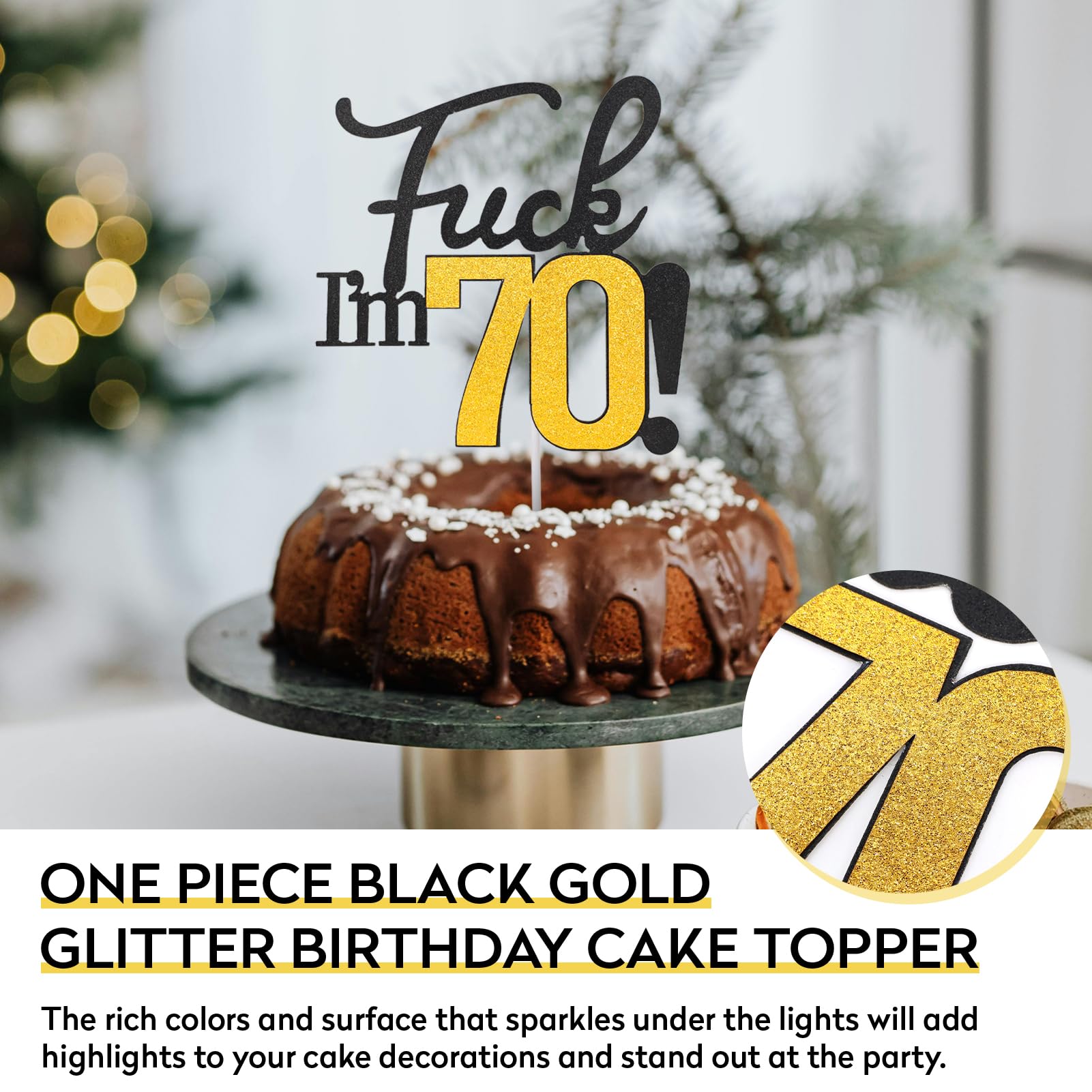 70th Birthday Cake Topper - Black & Gold Glitter Party Decor for Men & Women | Funny 70th Birthday Decorations | Cake Topper for Anniversary Celebrations & Milestone Parties