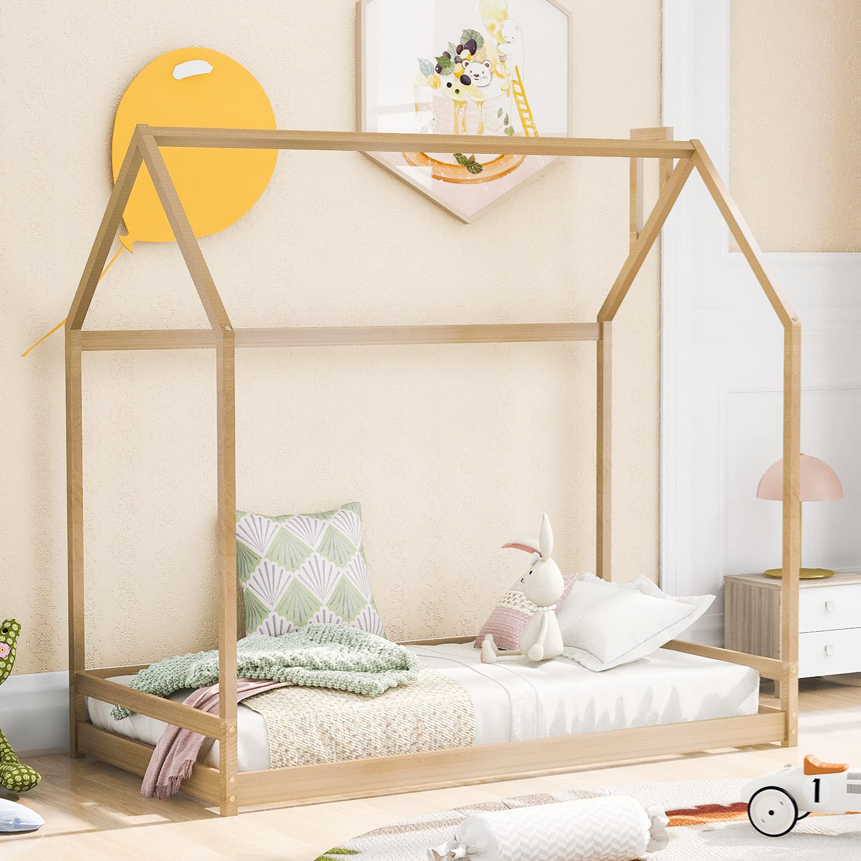 Montessori Twin House Bed for Kids & Toddlers - Wooden Floor Bed Frame with Roof for Boys & Girls Bedroom Furniture - Natural Finish - Perfect for Montessori Rooms, Playrooms & Kids Bedrooms